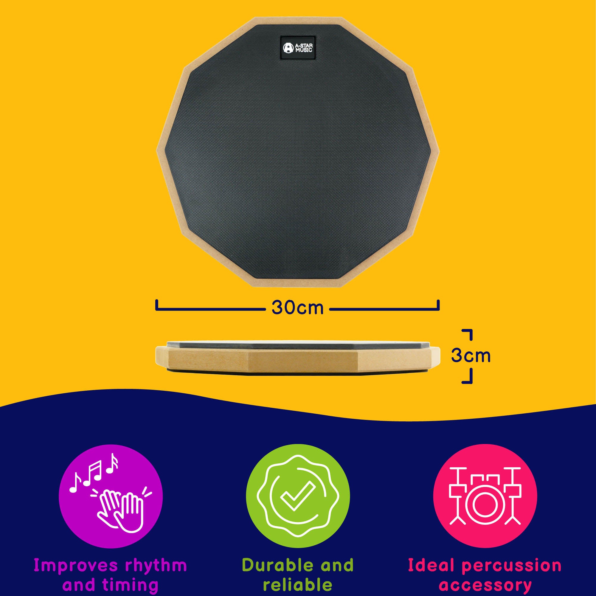 A-Star 12 Inch Drum Practice Pad and 5B Drum Sticks