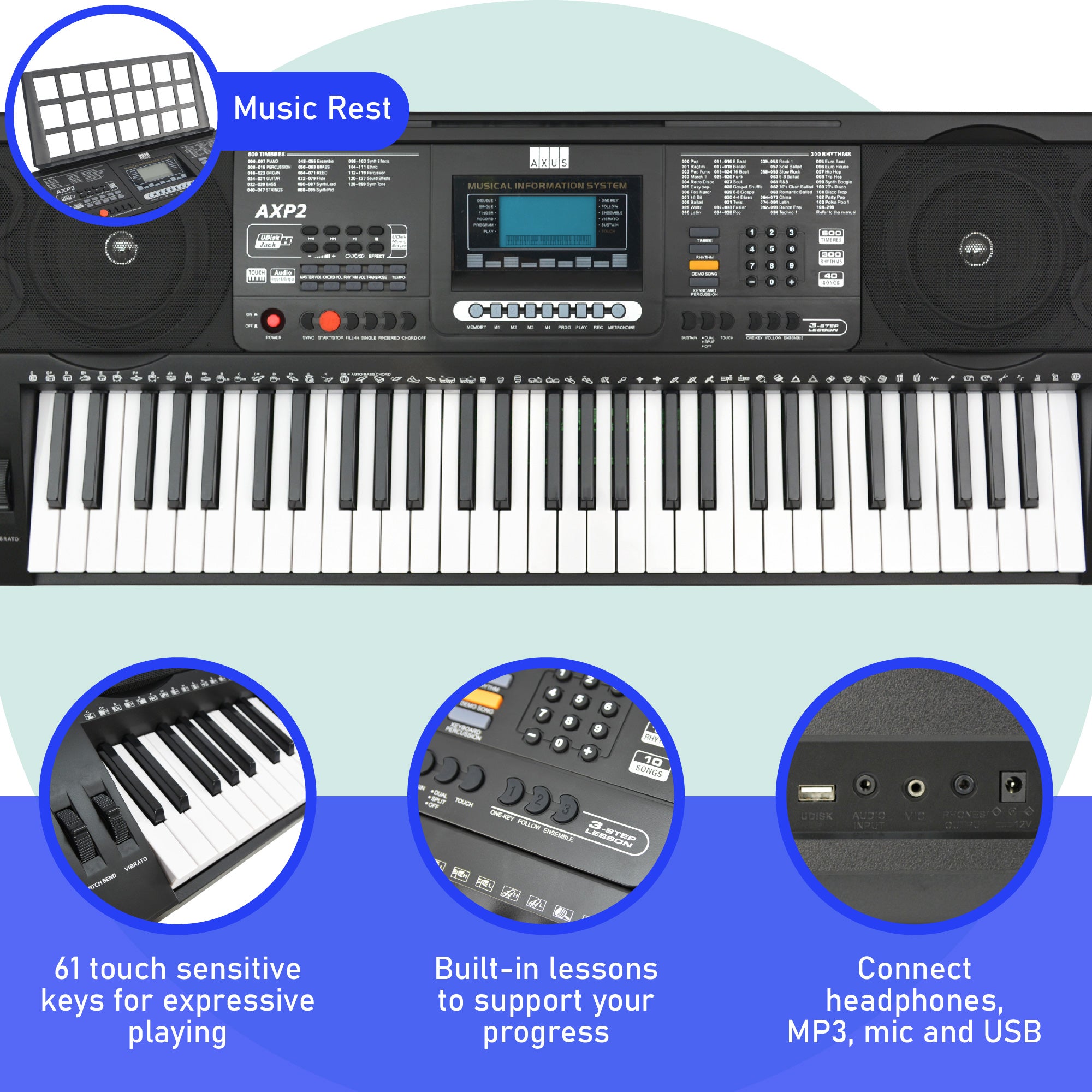 Axus AXP2 61 Note Touch Sensitive Electronic Keyboard Package