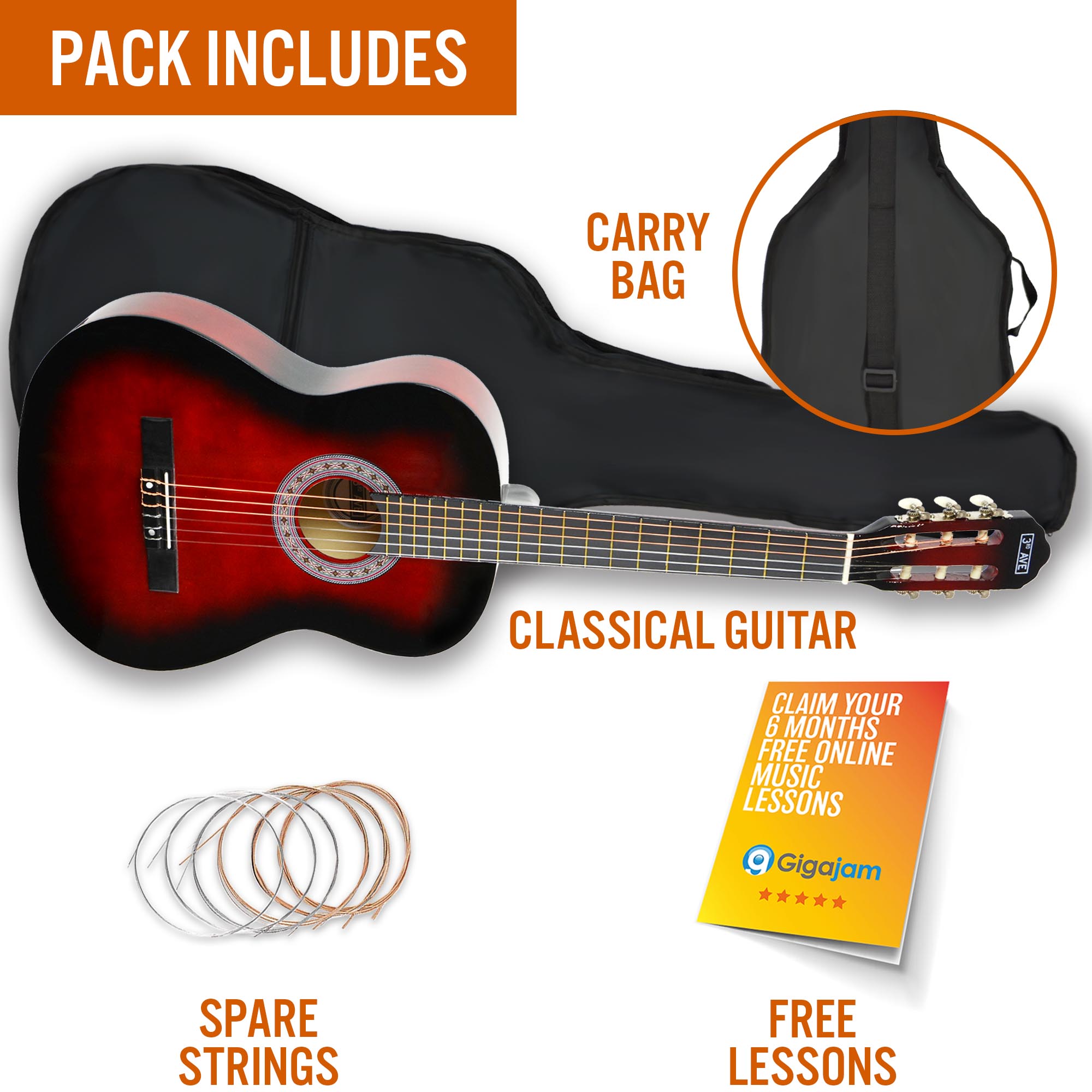 3rd Avenue 3/4 Size Classical Guitar Pack Redburst Classical Guitars#Colour_Redburst