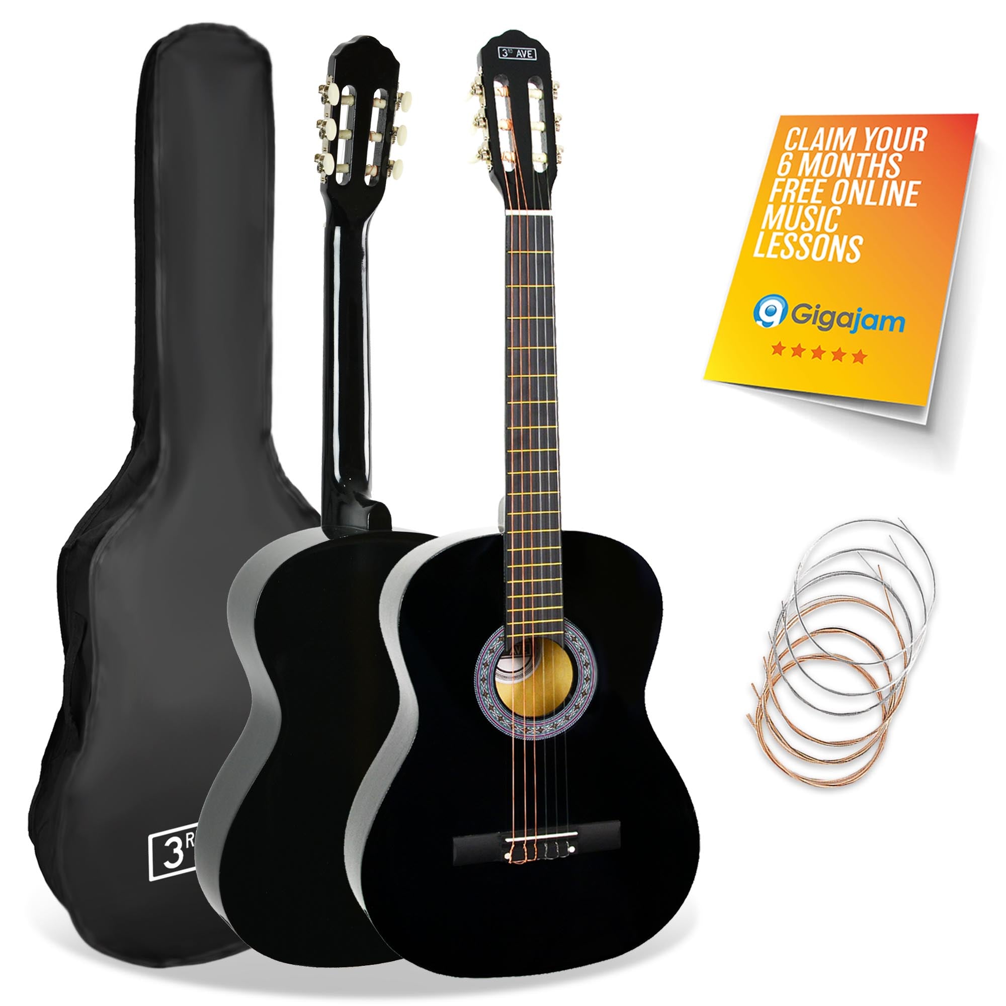 3rd Avenue Full Size Classical Guitar Pack Natural Classical Guitars#Colour_Black