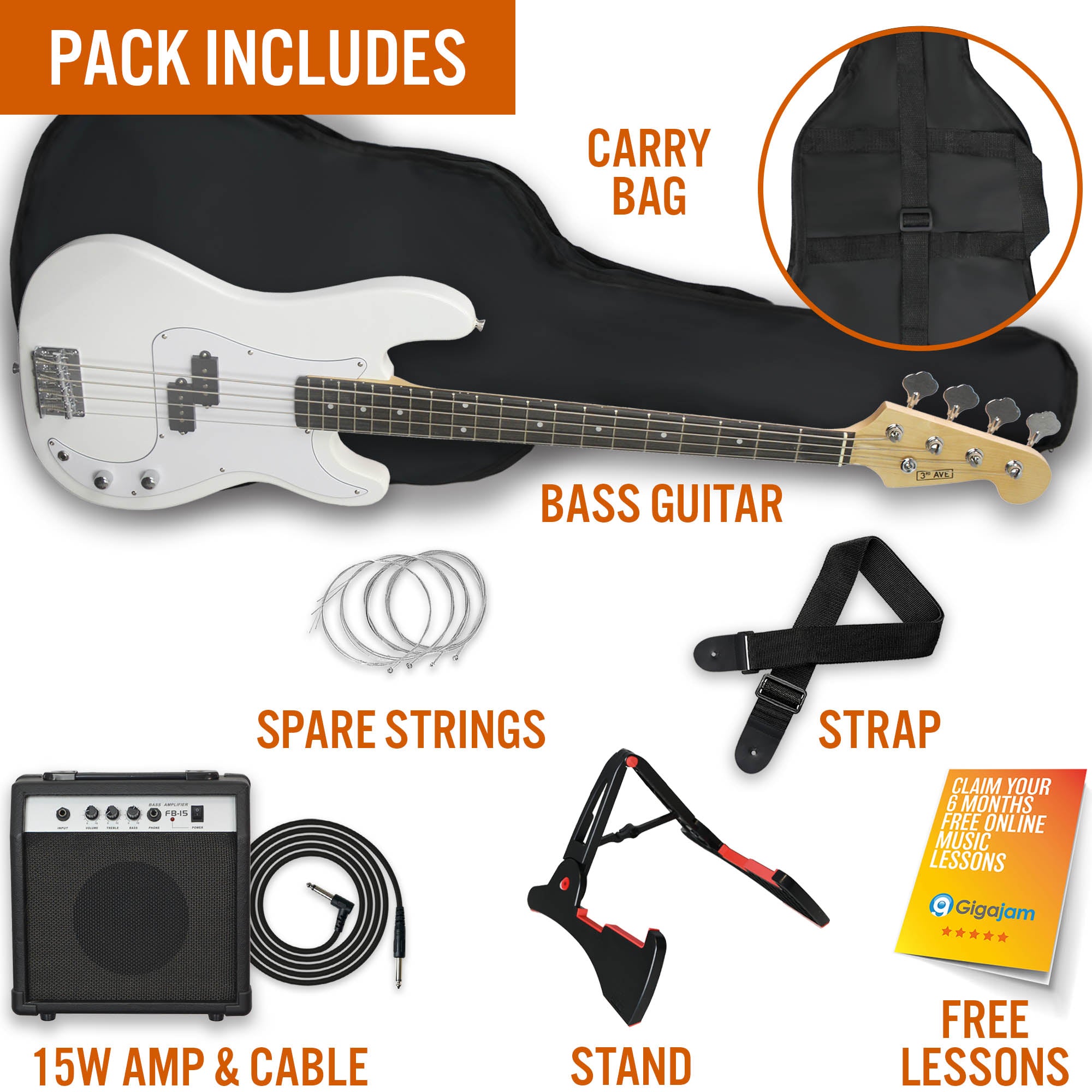 3rd Avenue Rocket Series Electric Bass Guitar Pack Bass Guitars#colour_White