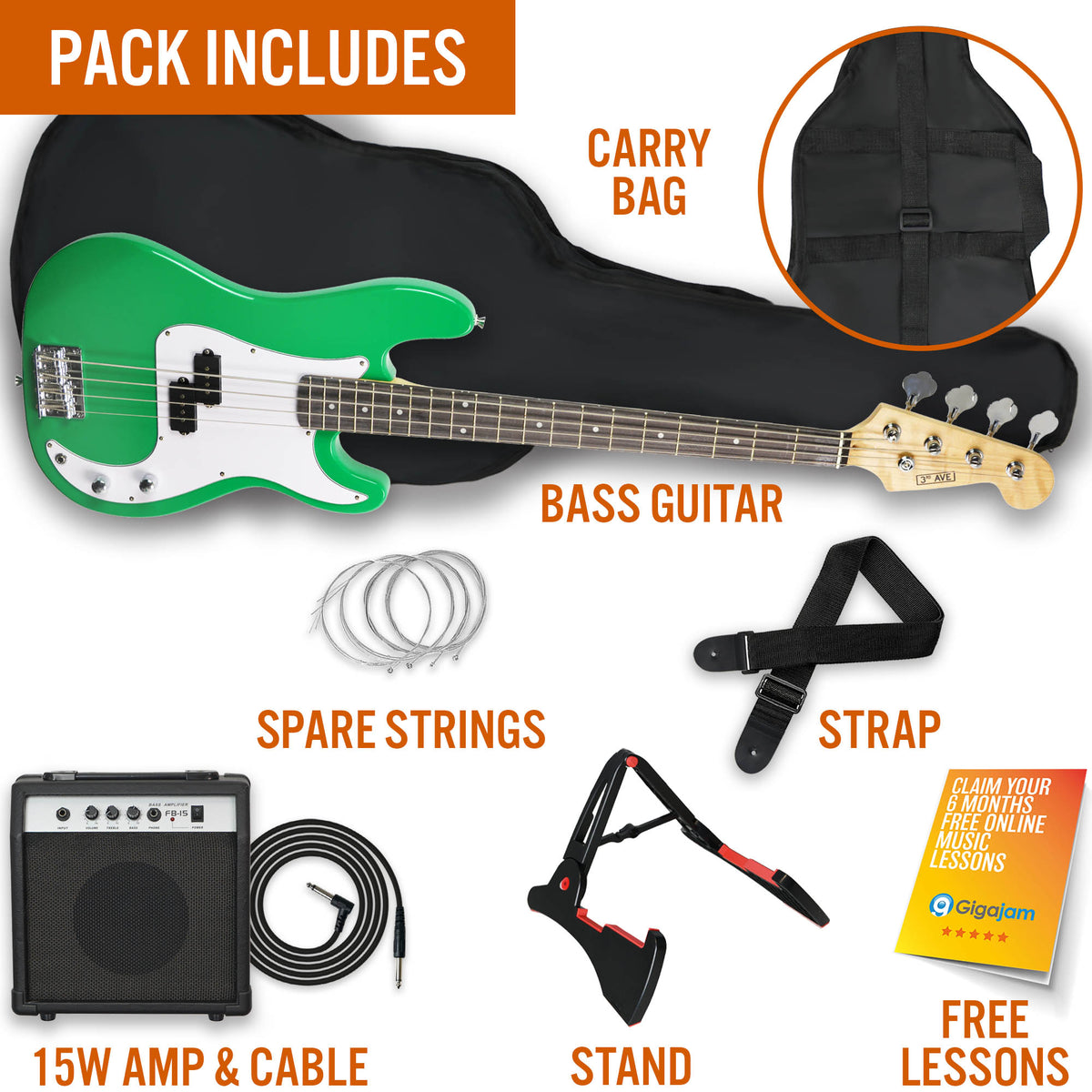 3rd Avenue Rocket Series Electric Bass Guitar Pack Bass Guitars#colour_Green
