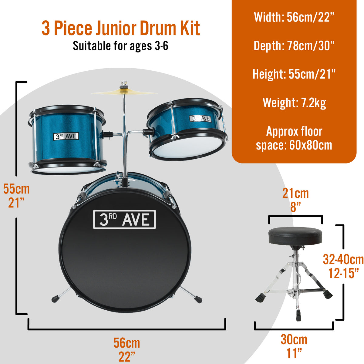 3rd Avenue 3 Piece Junior Drum Kit#colour_Blue