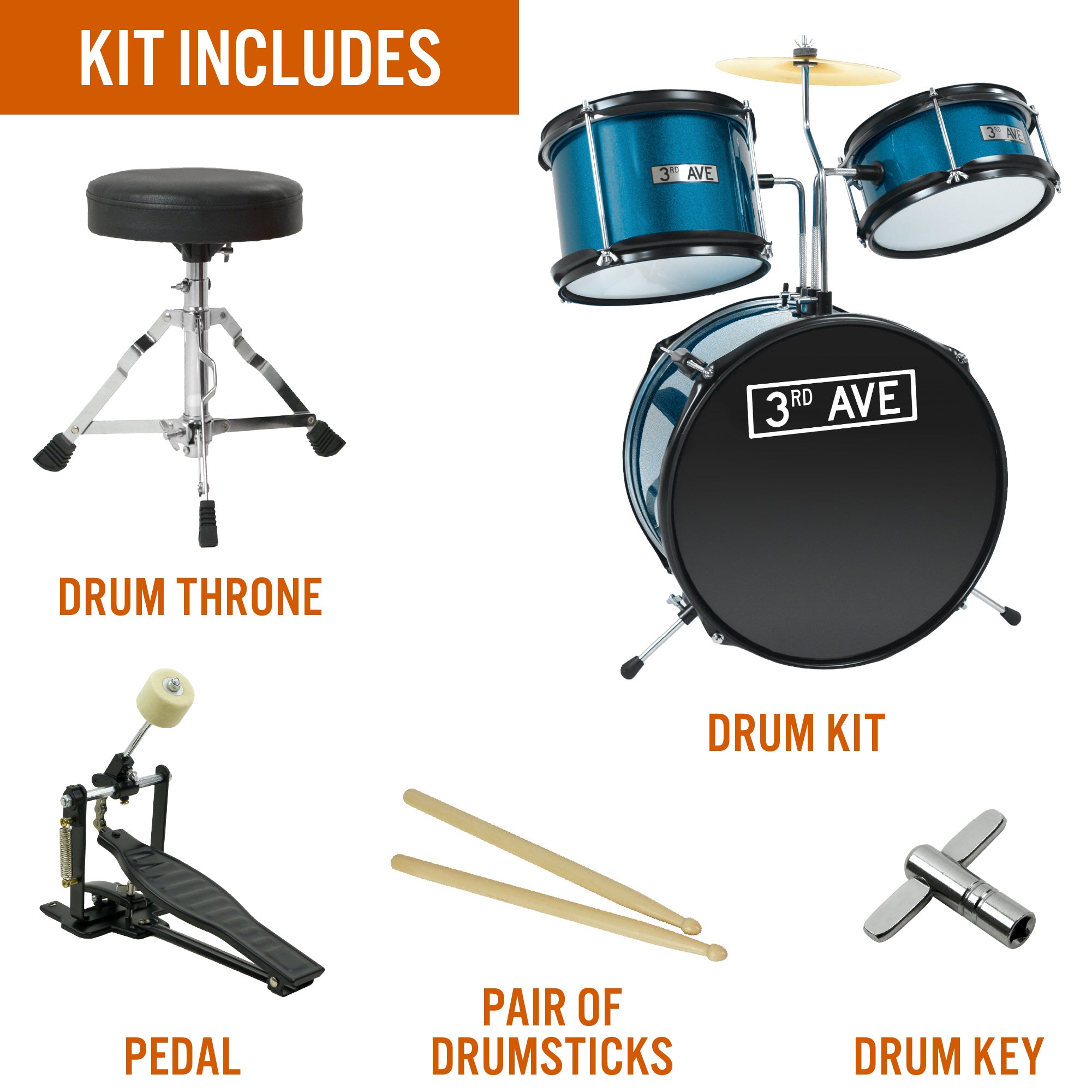 3rd Avenue 3 Piece Junior Drum Kit#colour_Blue