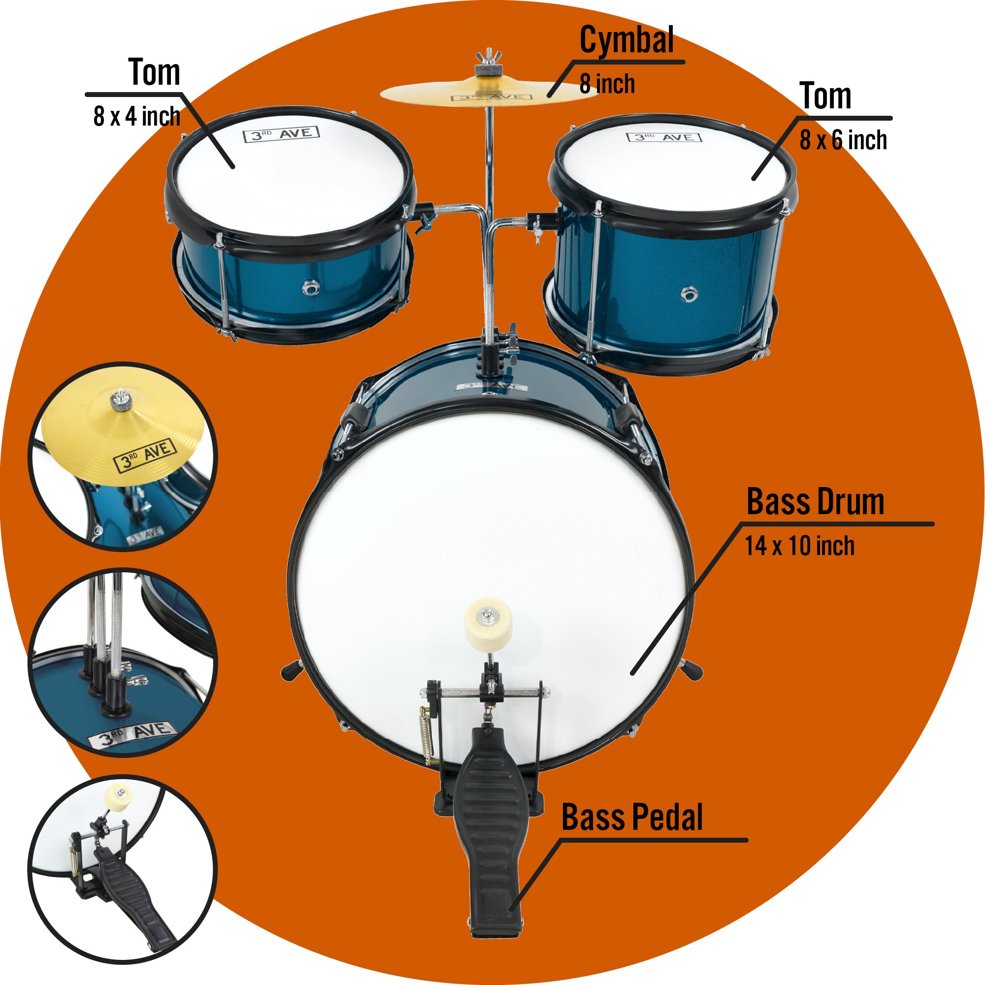 3rd Avenue 3 Piece Junior Drum Kit#colour_Blue