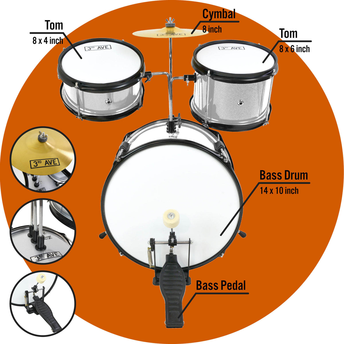 3rd Avenue 3 Piece Junior Drum Kit#colour_Silver