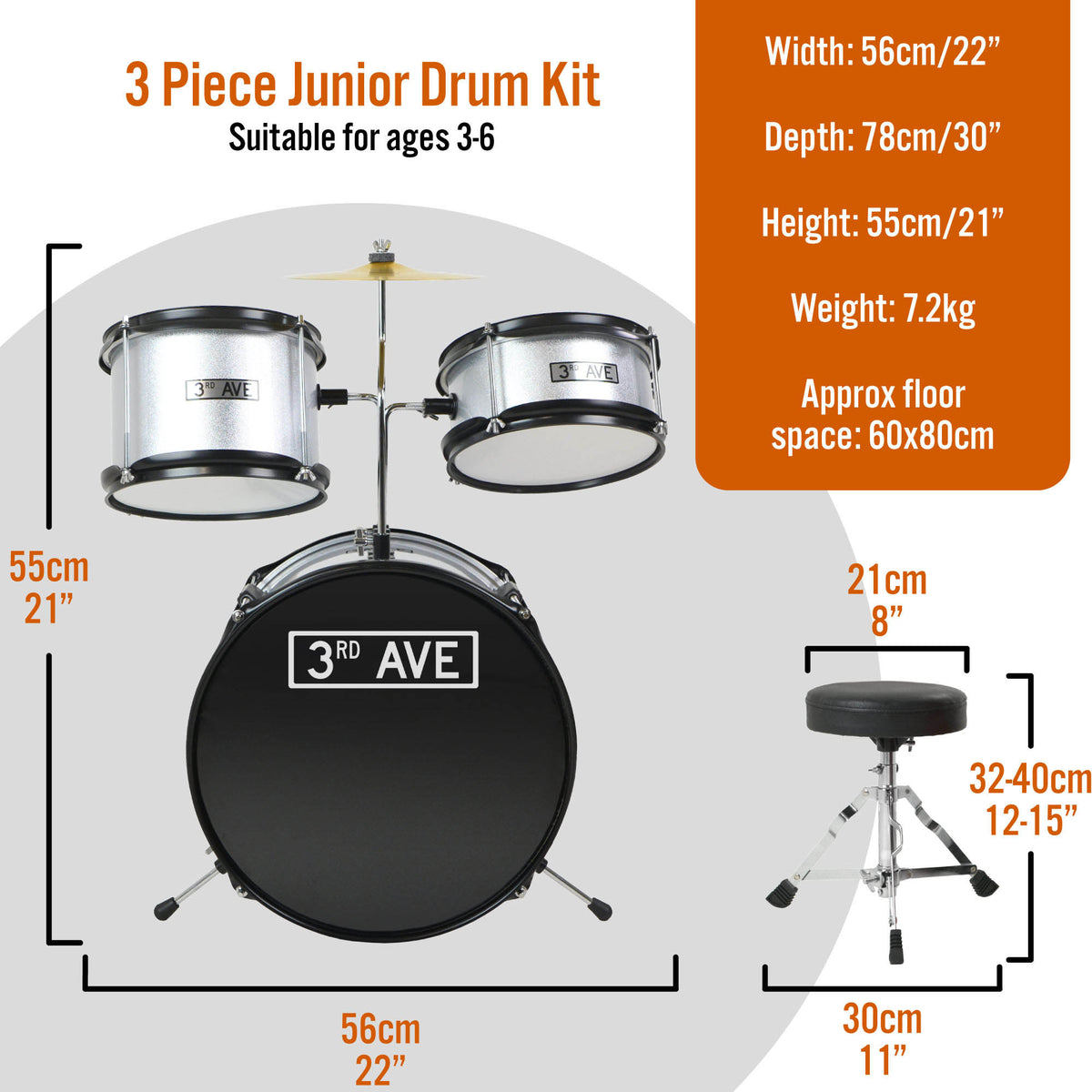 3rd Avenue 3 Piece Junior Drum Kit#colour_Silver