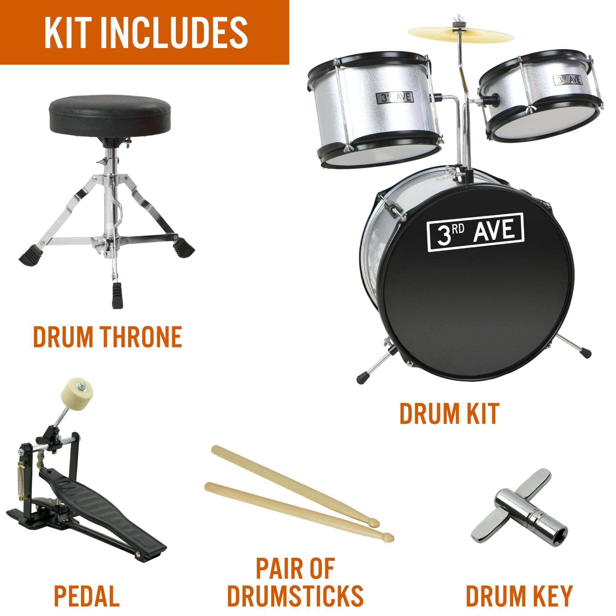 3rd Avenue 3 Piece Junior Drum Kit#colour_Silver