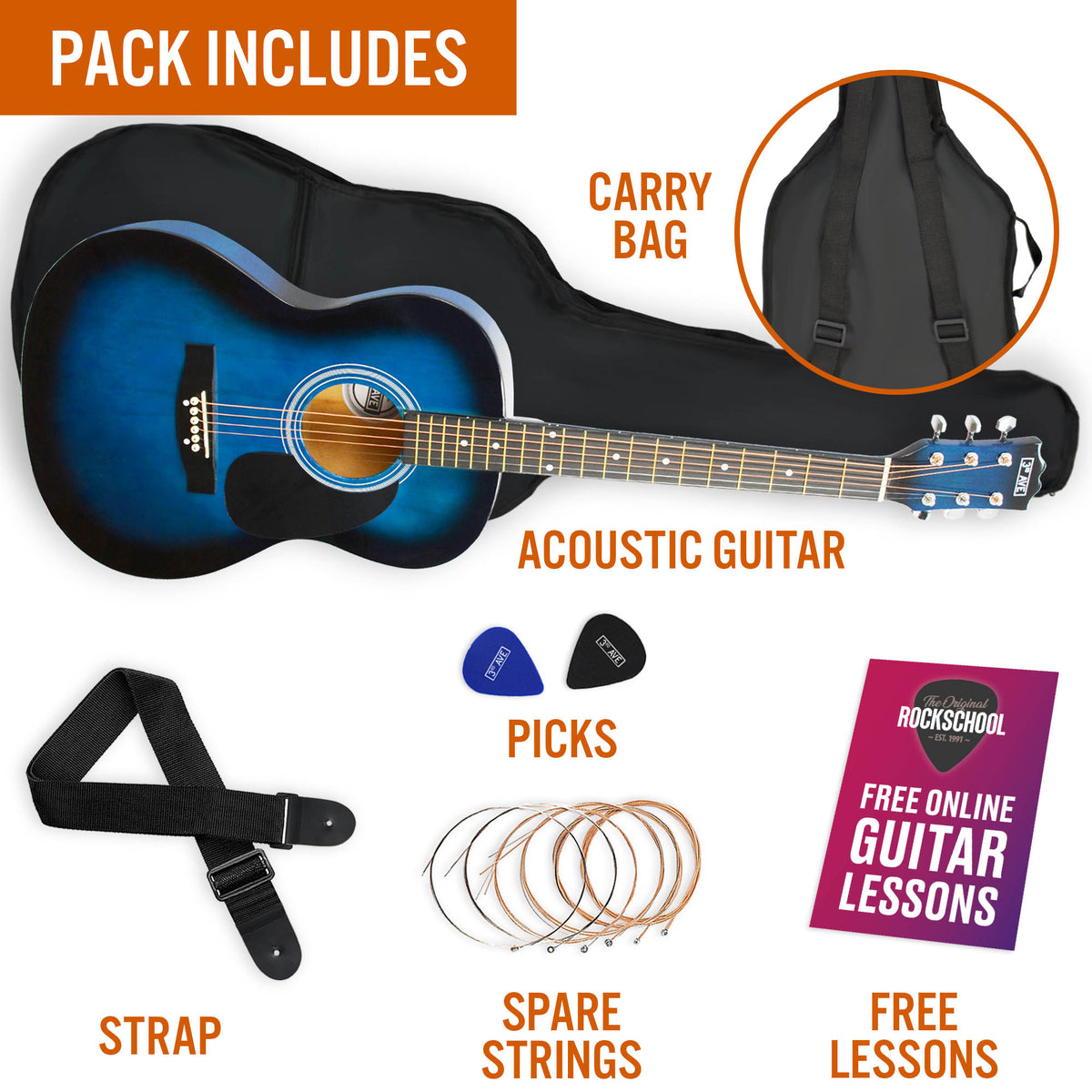 3rd Avenue Full Size Acoustic Guitar Pack Natural Acoustic Guitars#Colour_Blueburst