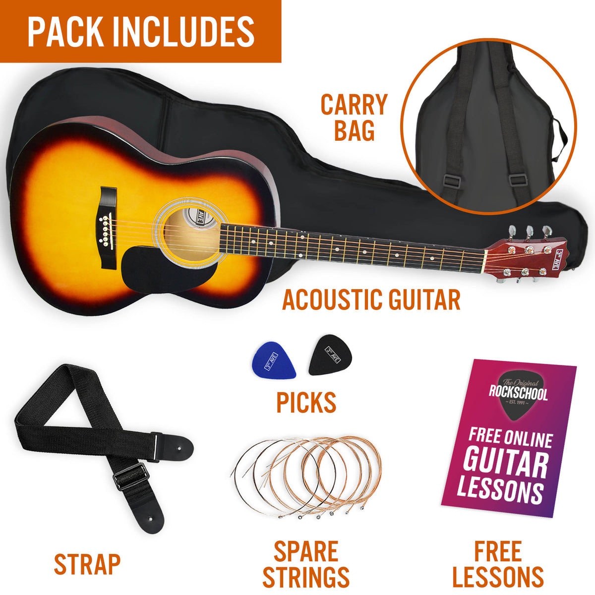 3rd Avenue Full Size Acoustic Guitar Pack Sunburst Acoustic Guitars#Colour_Sunburst