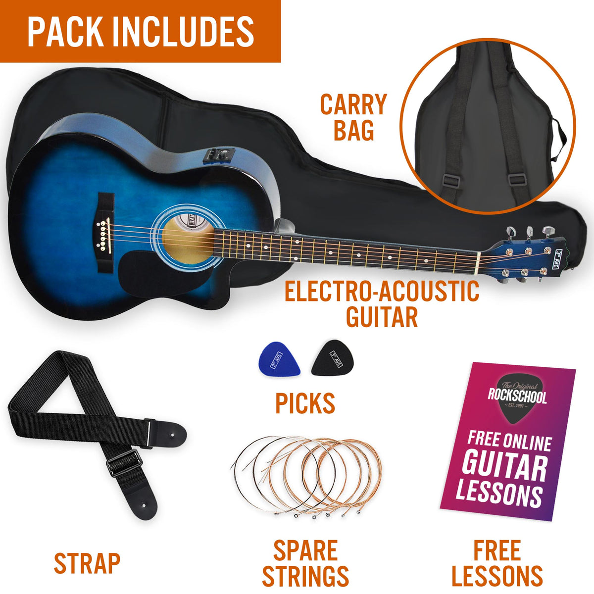 3rd Avenue Full Size Cutaway Electro Acoustic Guitar Pack Natural Acoustic Guitars#Colour_Blueburst