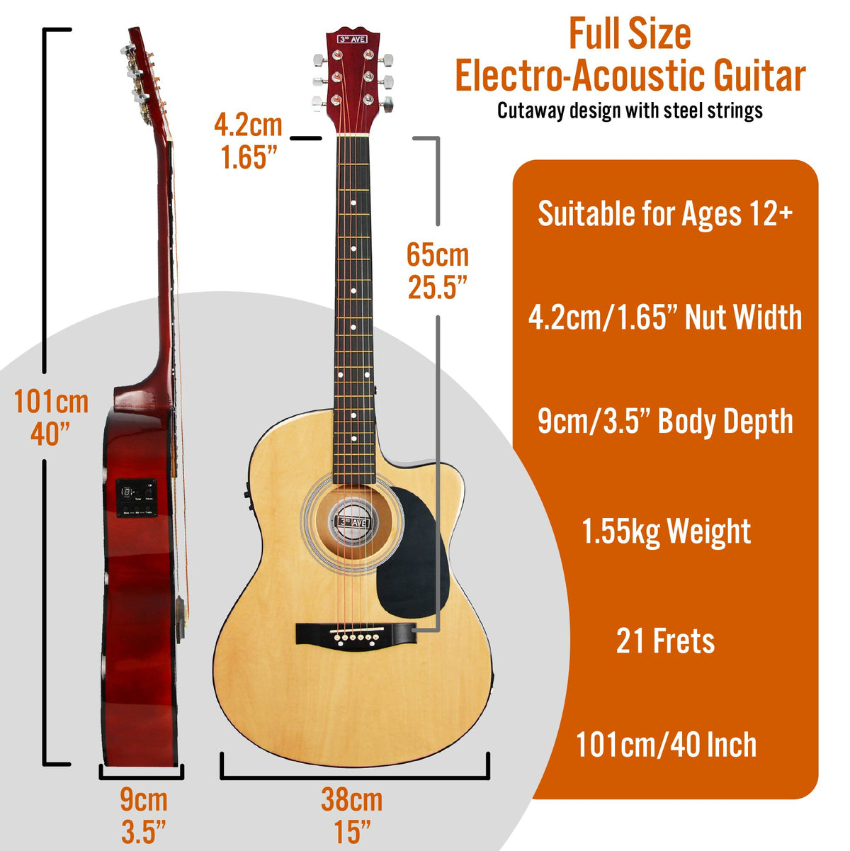 3rd Avenue Full Size Cutaway Electro Acoustic Guitar Pack Natural Acoustic Guitars#Colour_Natural
