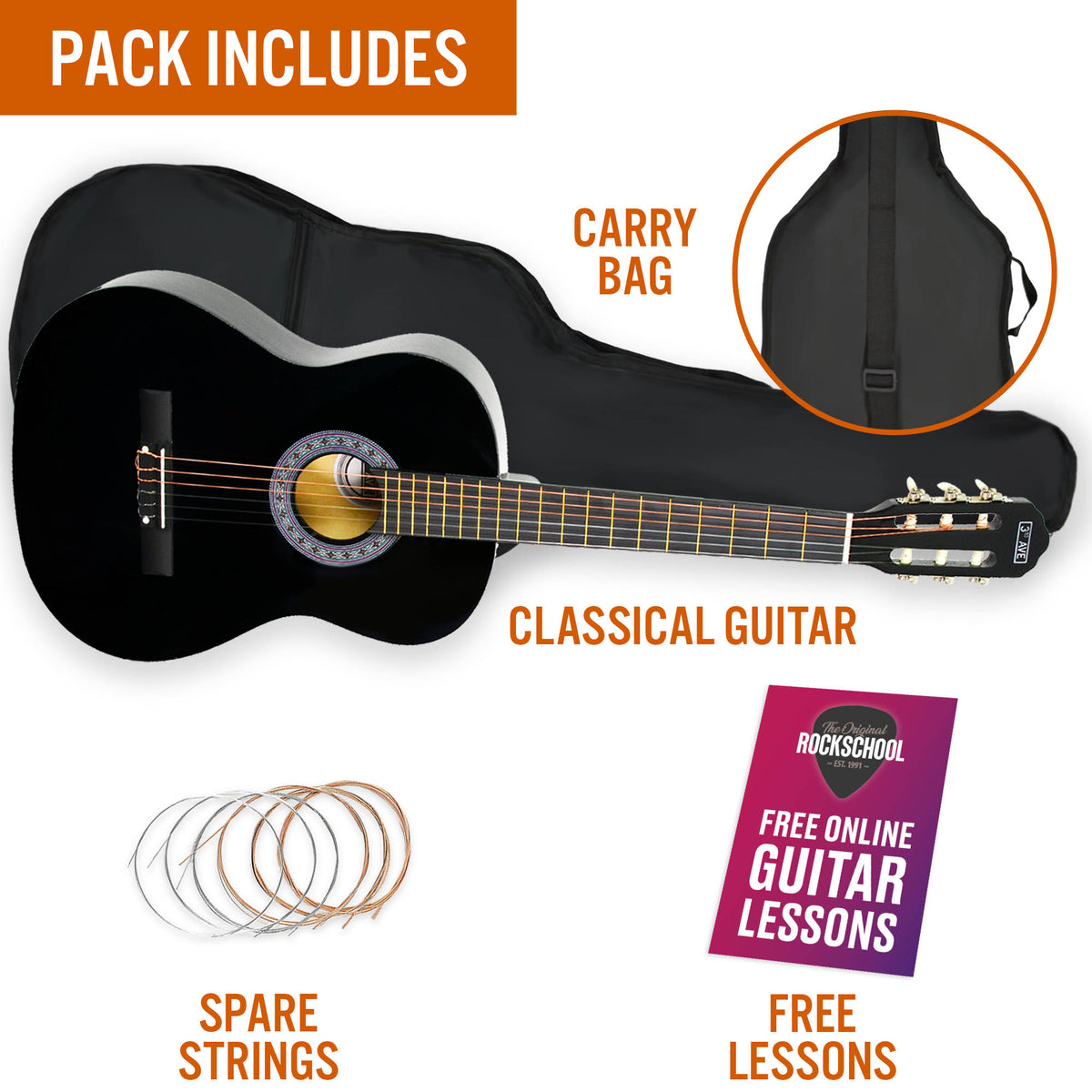 3rd Avenue 3/4 Size Classical Guitar Pack Black Classical Guitars#Colour_Black