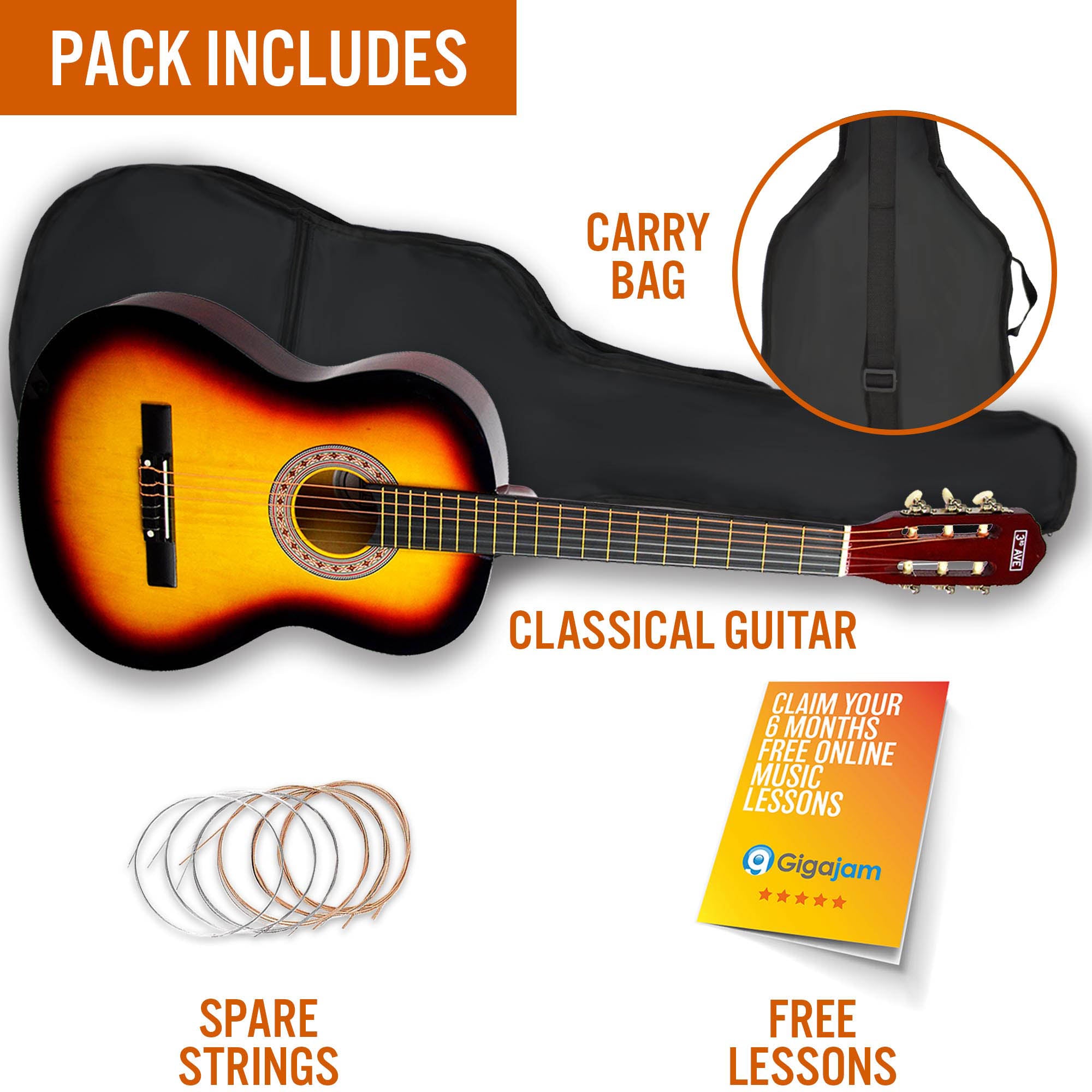 3rd Avenue 3/4 Size Classical Guitar Pack Sunburst Classical Guitars#Colour_Sunburst