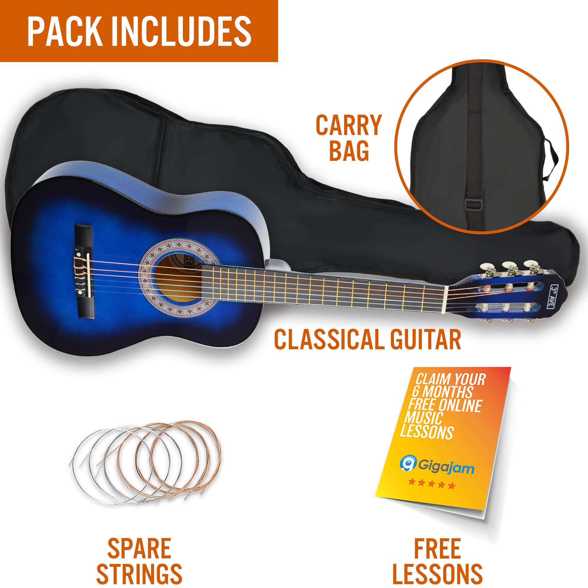 3rd Avenue 1/2 Size Classical Guitar Pack Blueburst Classical Guitars#Colour_Blueburst