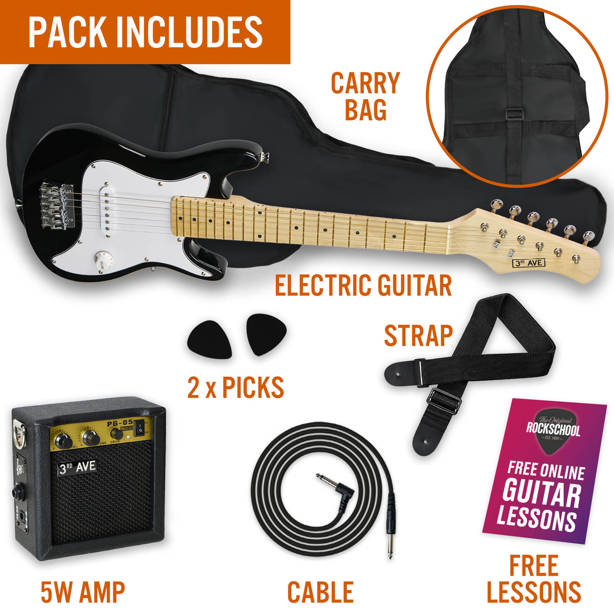 3rd Avenue Junior Electric Guitar Pack#Colour_Black and White