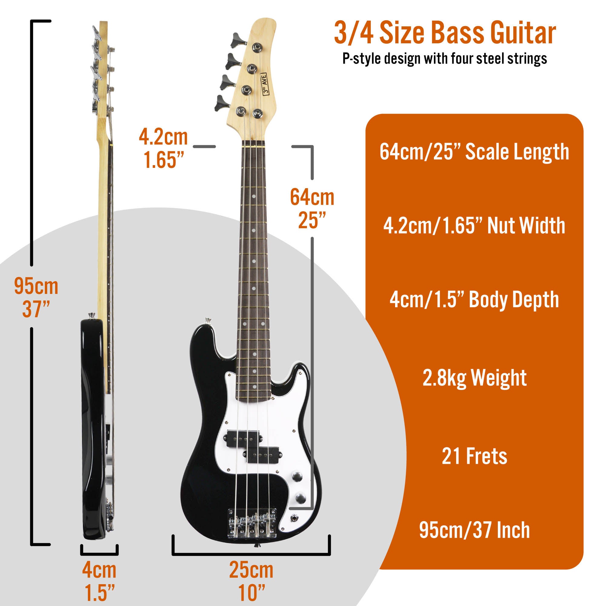 3rd Avenue 3/4 Bass Guitar - Black