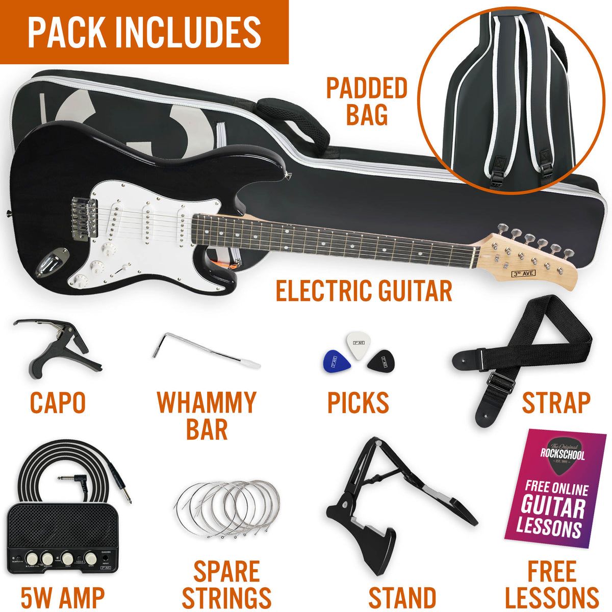 3rd Avenue Full Size Electric Guitar Pack with Bluetooth Amp#Colour_Black