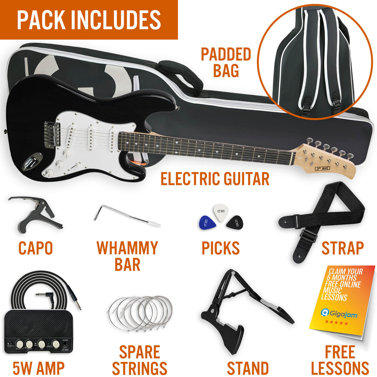 3rd Avenue Full Size Electric Guitar Pack with Bluetooth Amp#Colour_Black