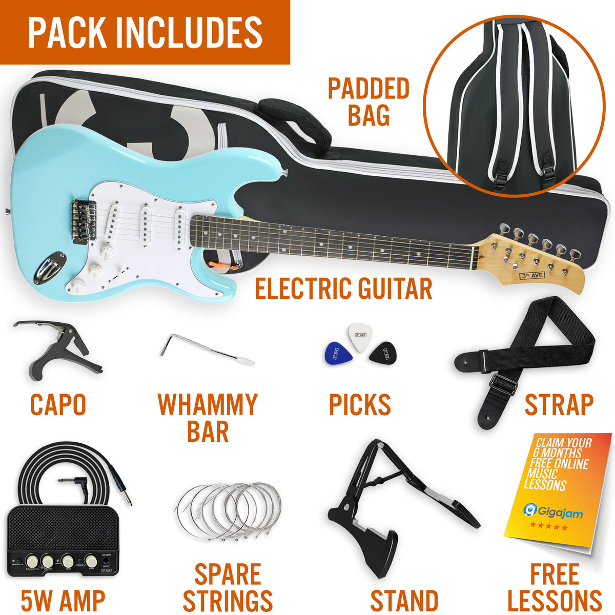 3rd Avenue Full Size Pastel Electric Guitar Pack#Colour_Blue