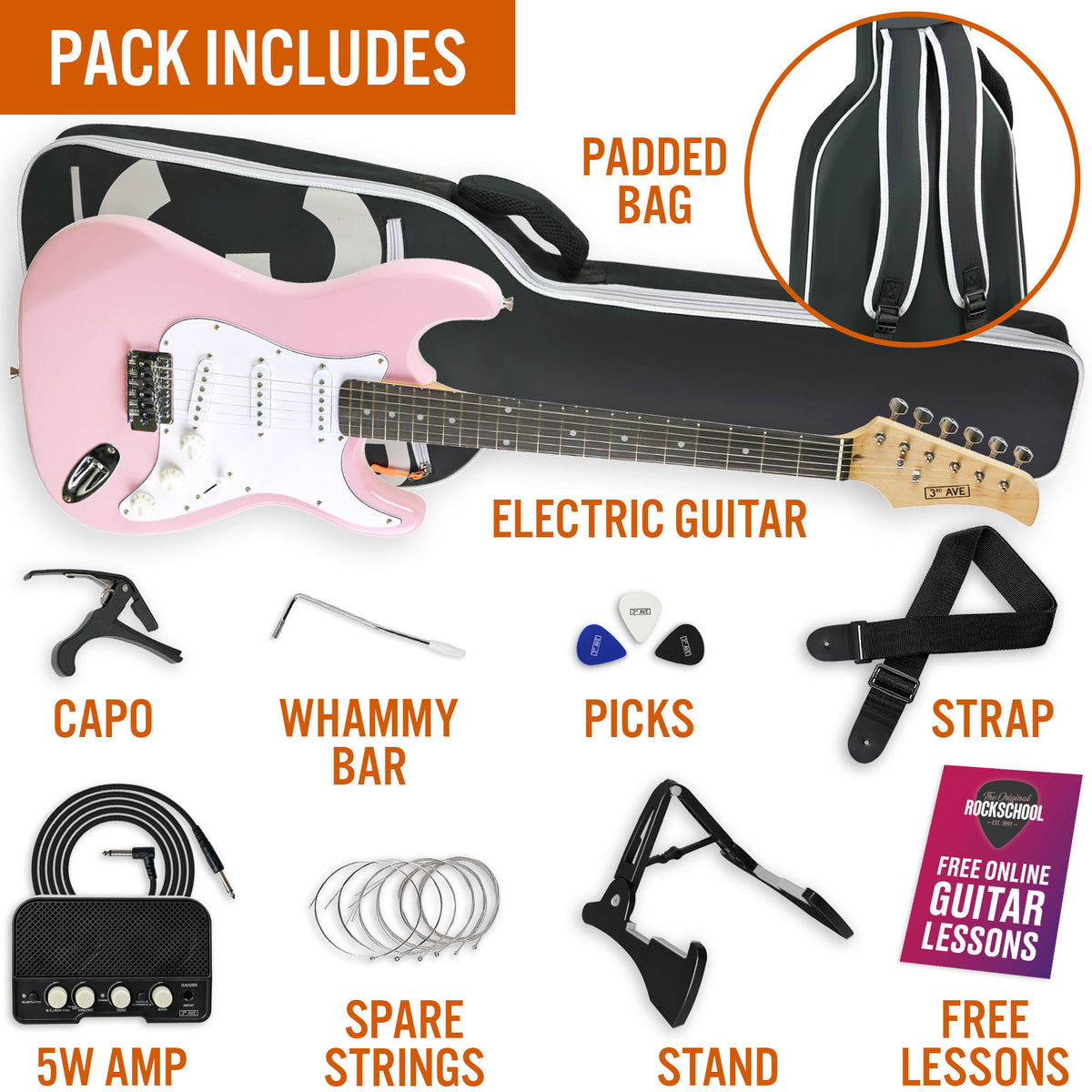 3rd Avenue Full Size Pastel Electric Guitar Pack#Colour_Pink
