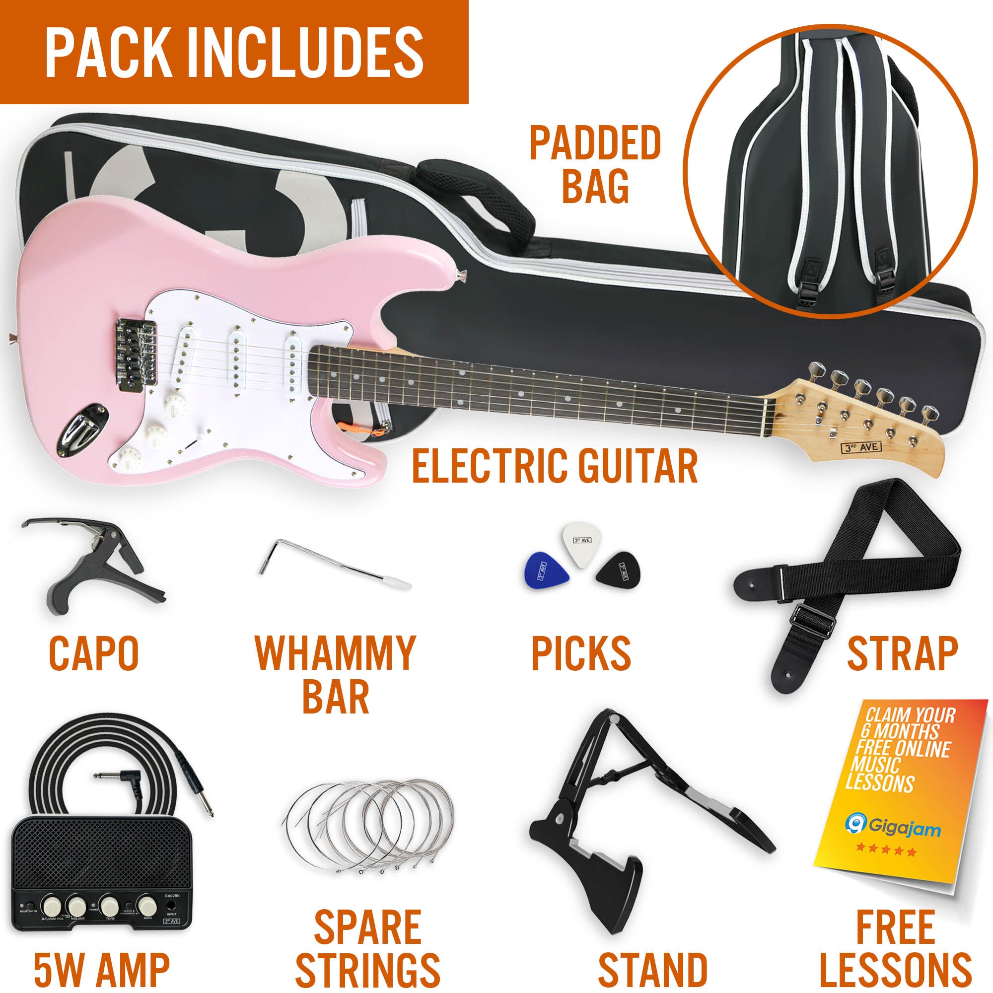3rd Avenue Full Size Pastel Electric Guitar Pack#Colour_Pink
