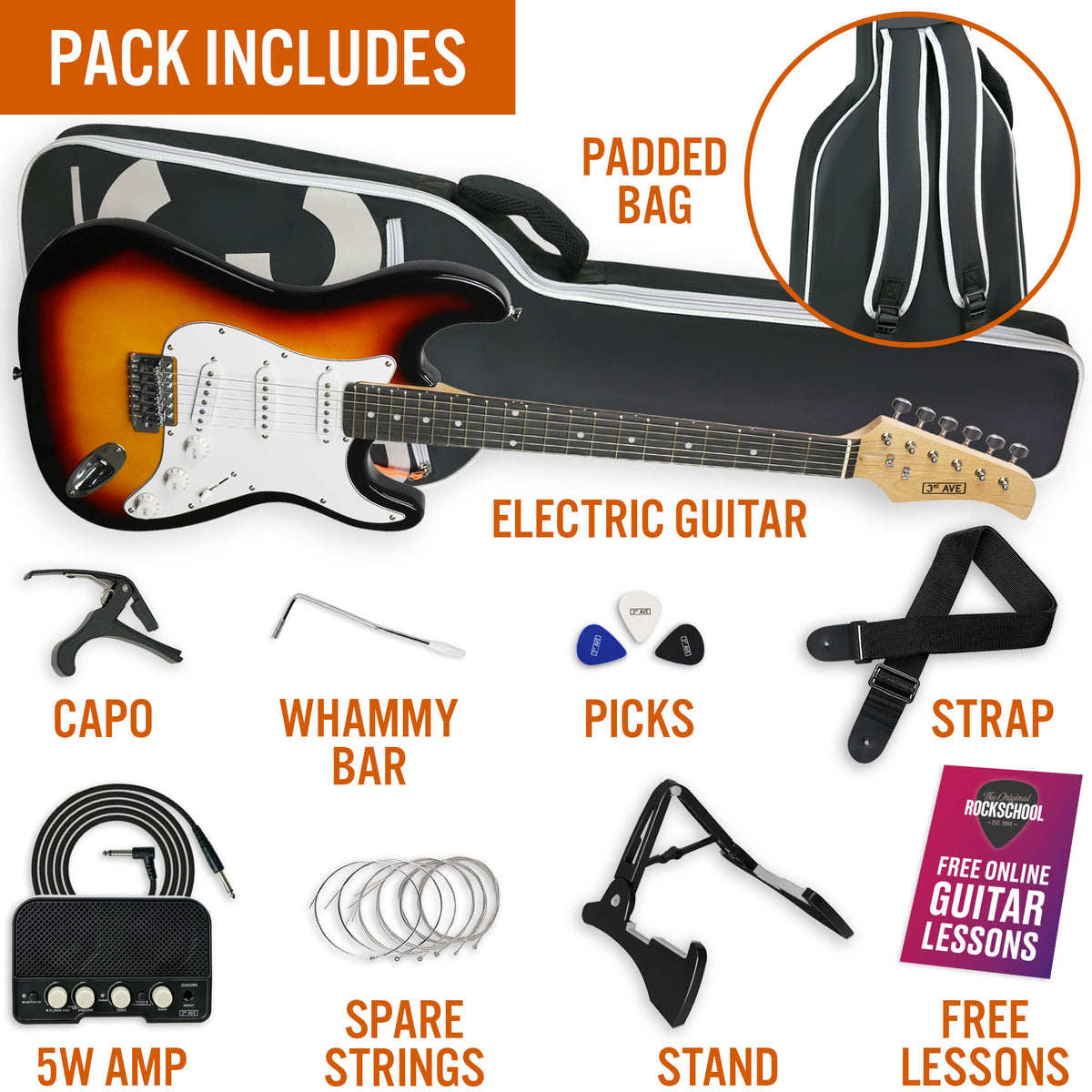 3rd Avenue Full Size Electric Guitar Pack with Bluetooth Amp#Colour_Sunburst