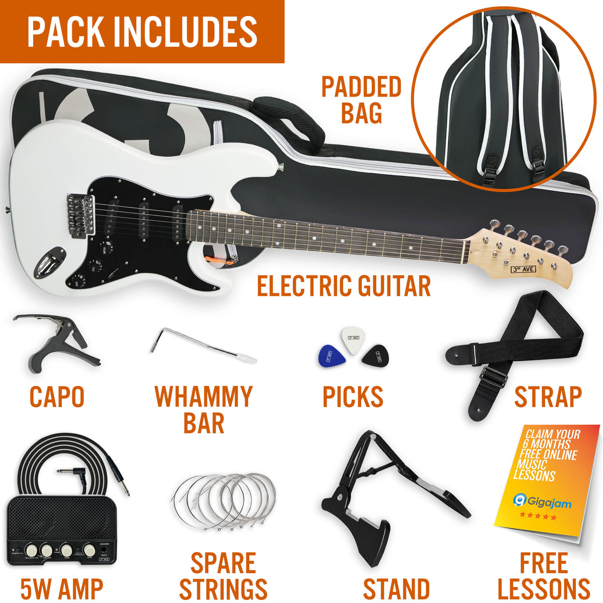 3rd Avenue Full Size Electric Guitar Pack with Bluetooth Amp#Colour_White