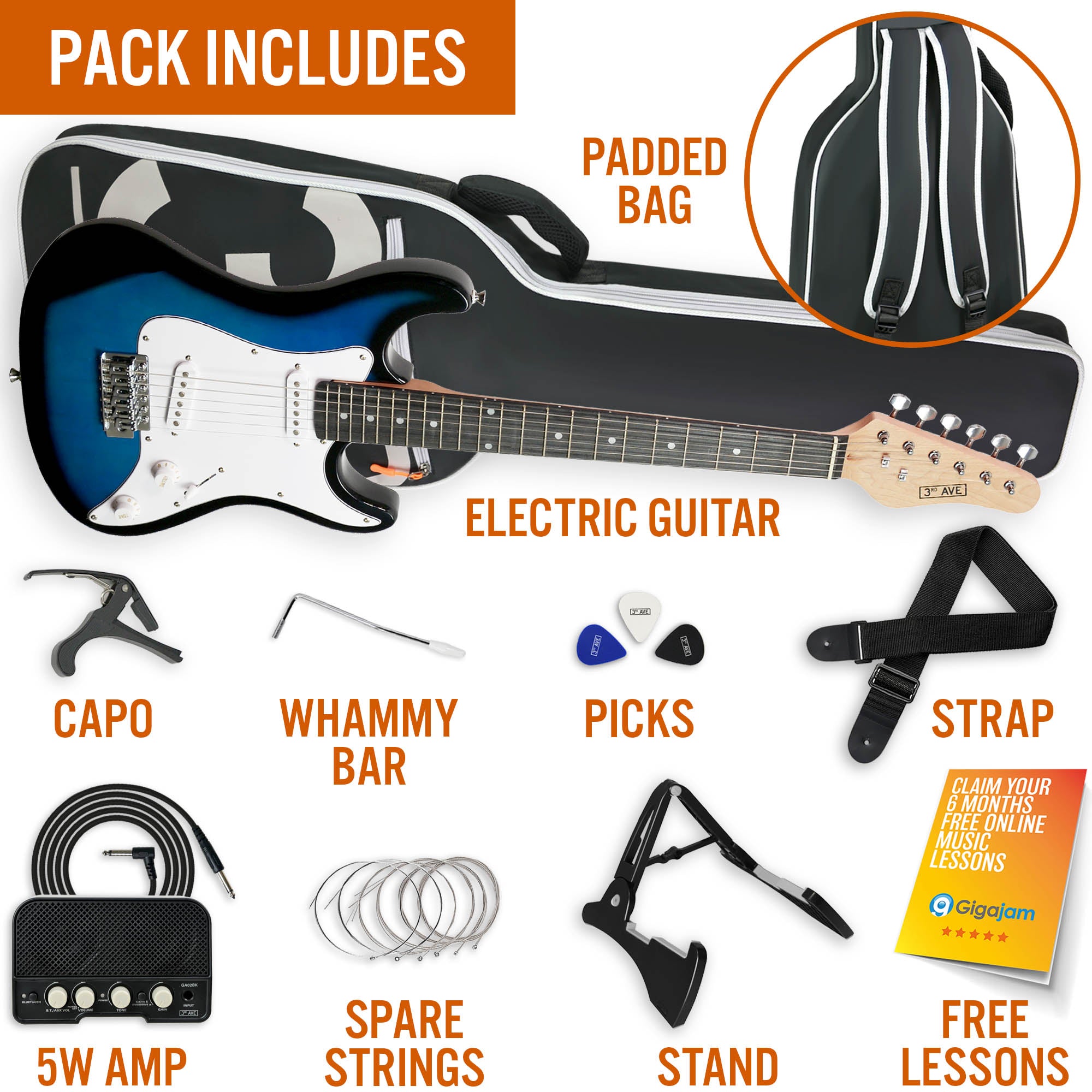3rd Avenue 3/4 Size Electric Guitar Pack with Amp#Colour_Blueburst