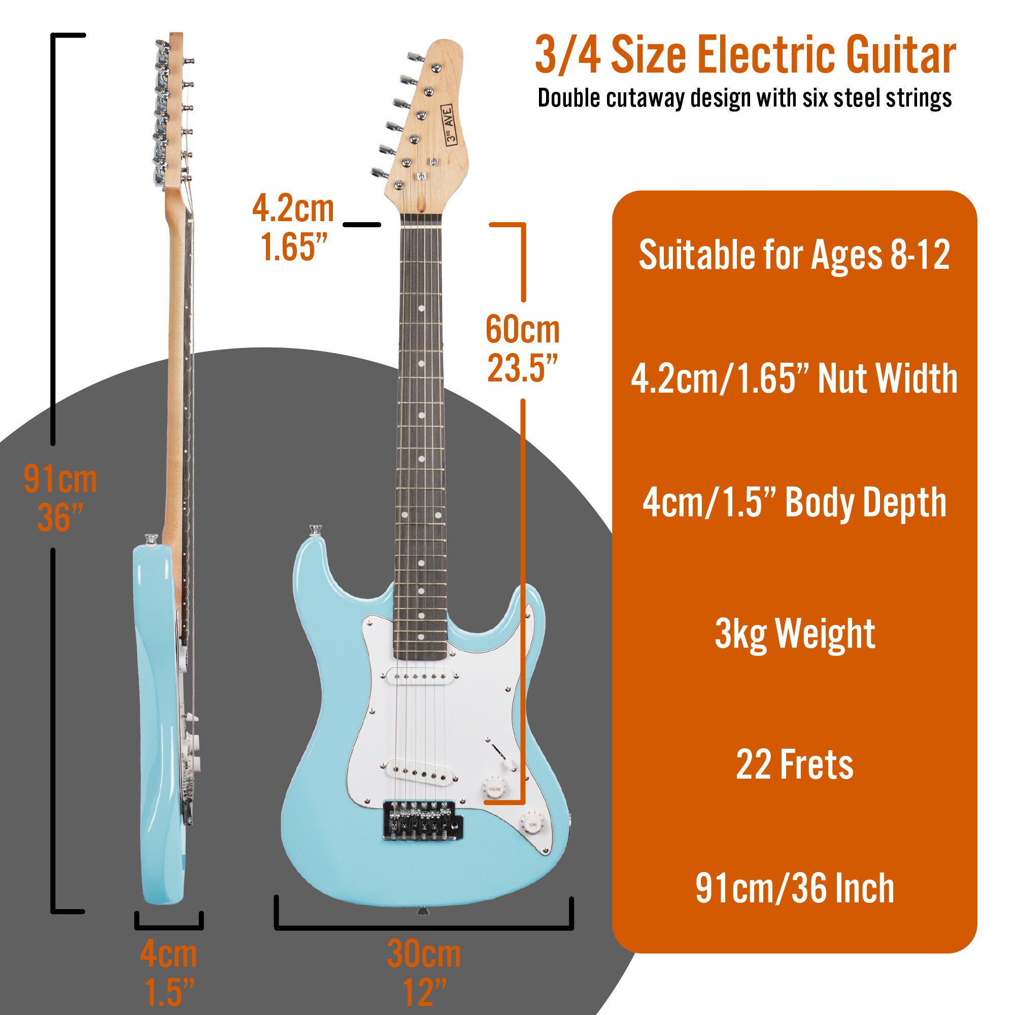 3rd Avenue 3/4 Size Electric Guitar Pack with Amp#Colour_Blue