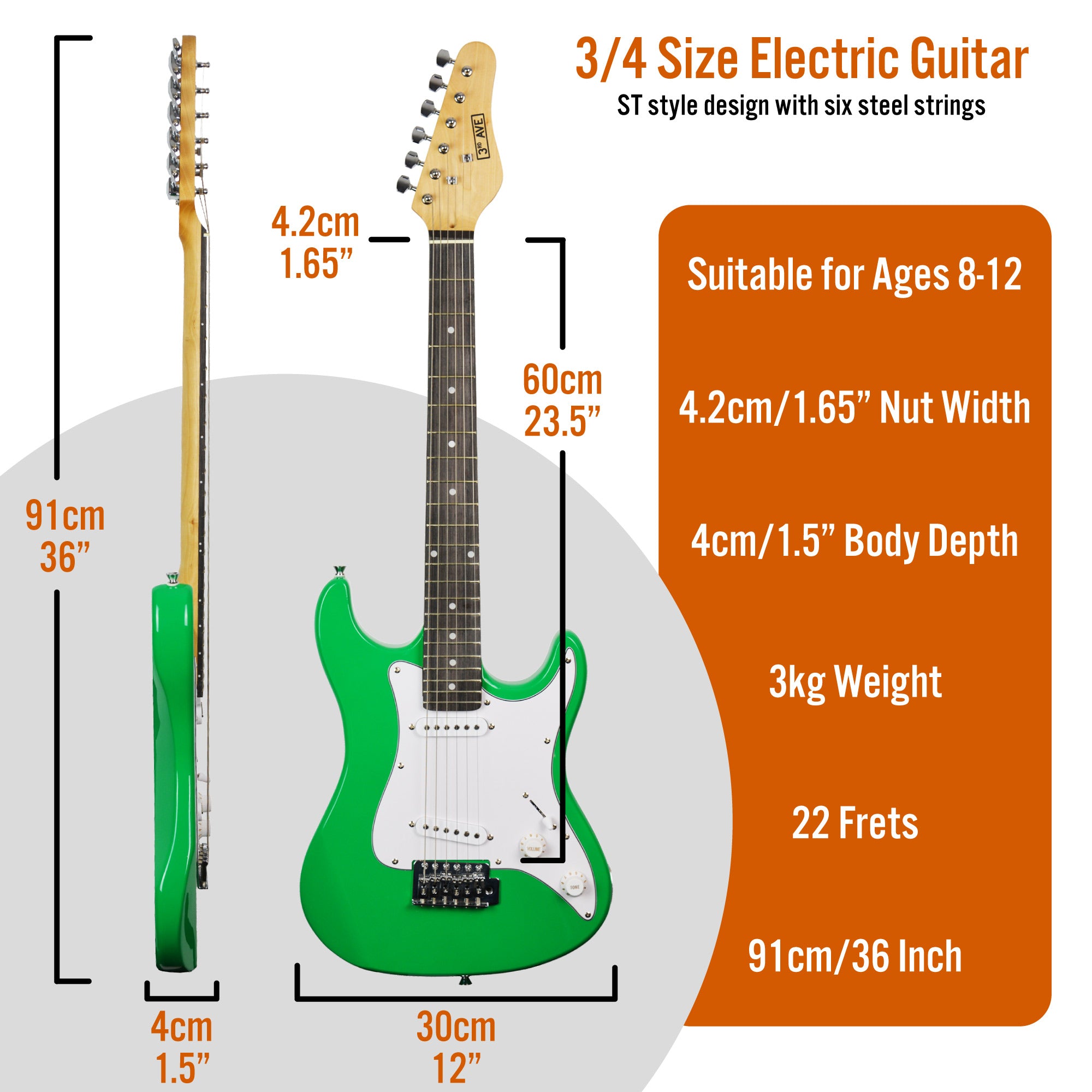 3rd Avenue 3/4 Size Electric Guitar Pack with Amp#Colour_Green