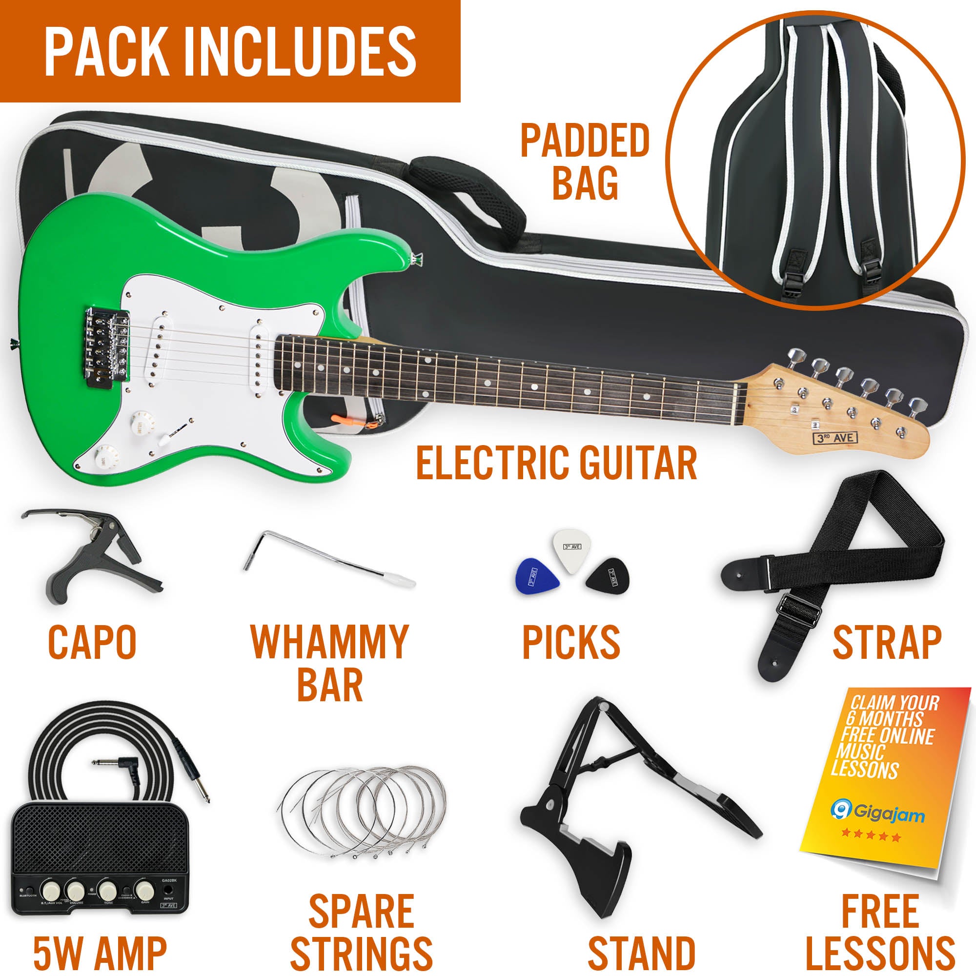 3rd Avenue 3/4 Size Electric Guitar Pack with Amp#Colour_Green