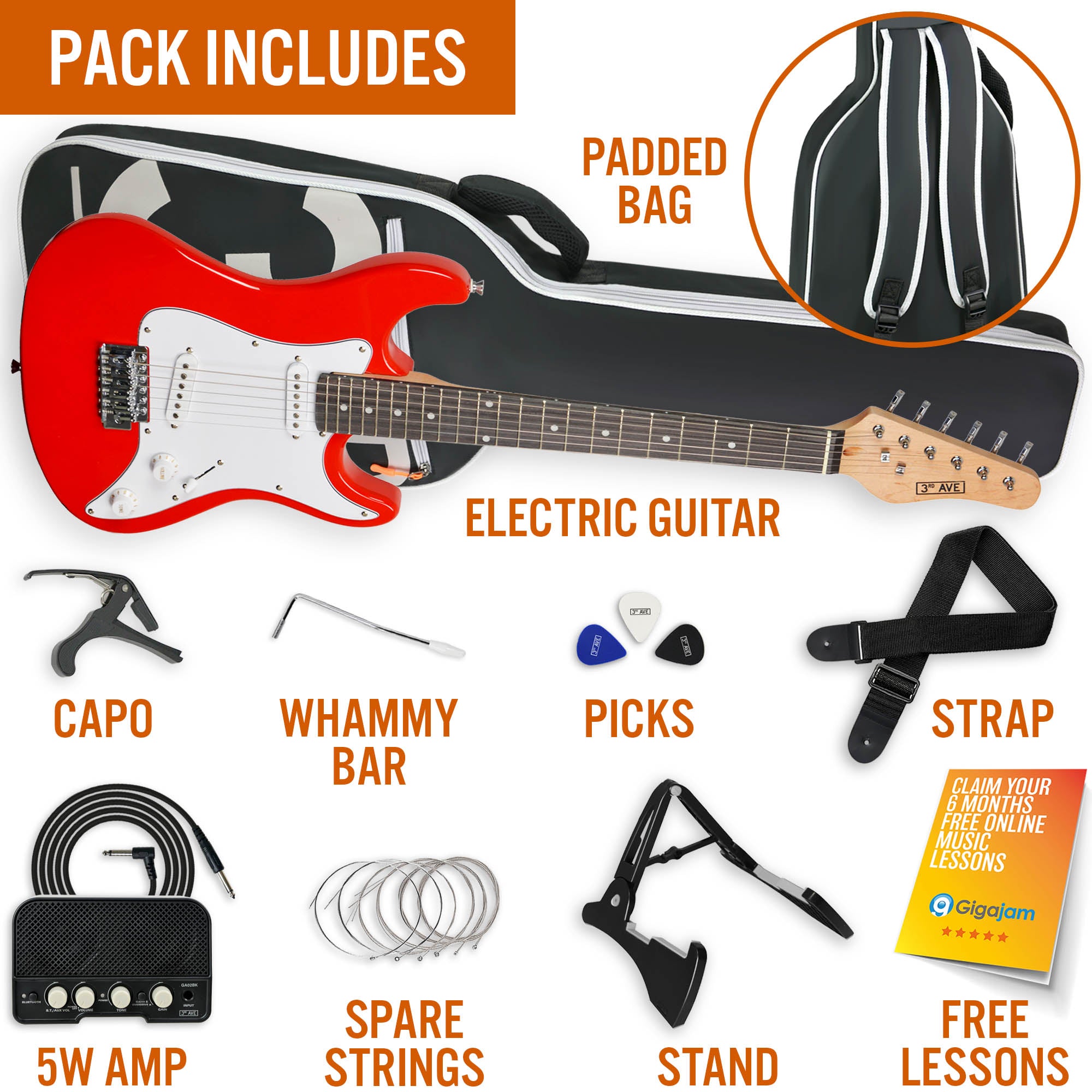 3rd Avenue 3/4 Size Electric Guitar Pack with Amp#Colour_Red