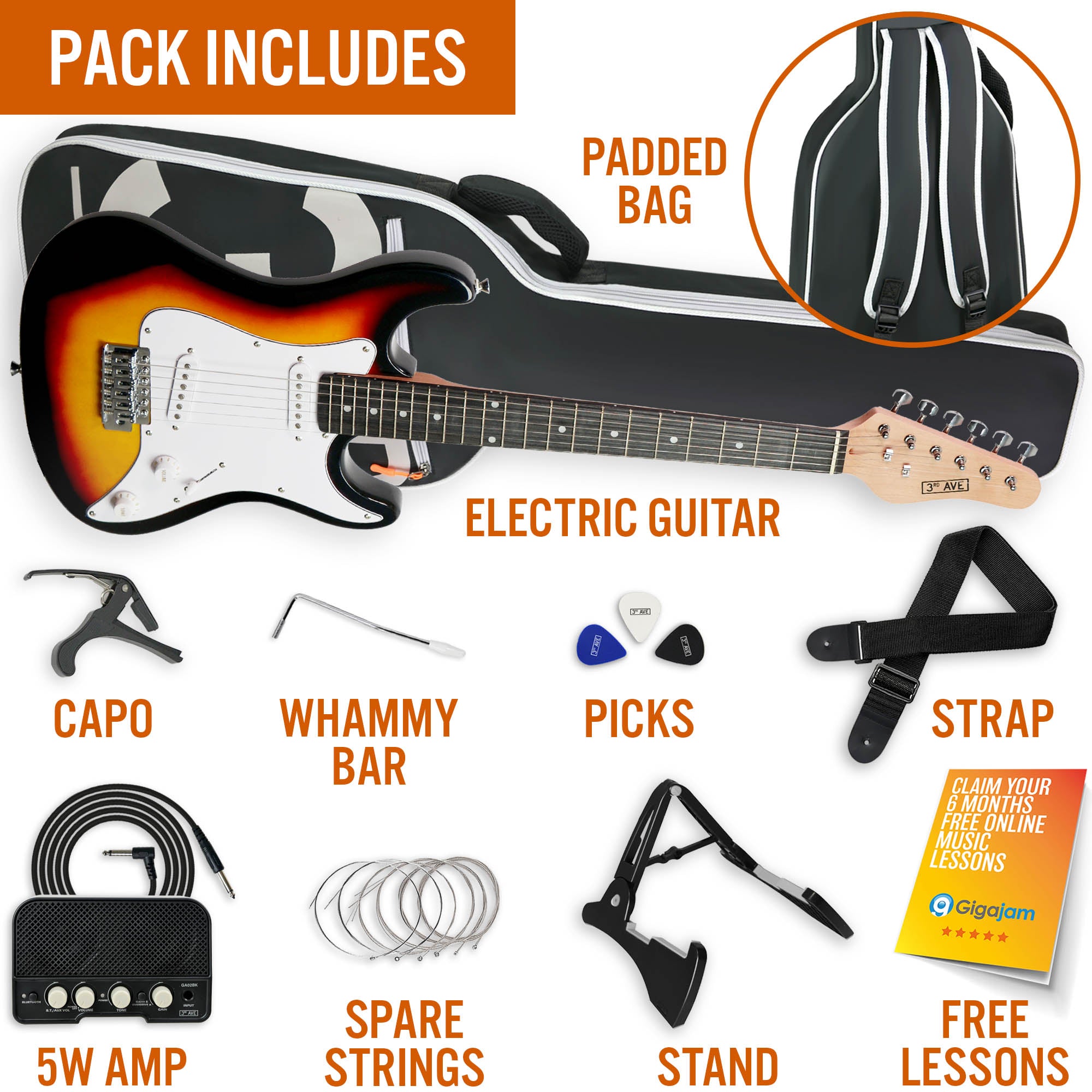 3rd Avenue 3/4 Size Electric Guitar Pack with Amp#Colour_Sunburst