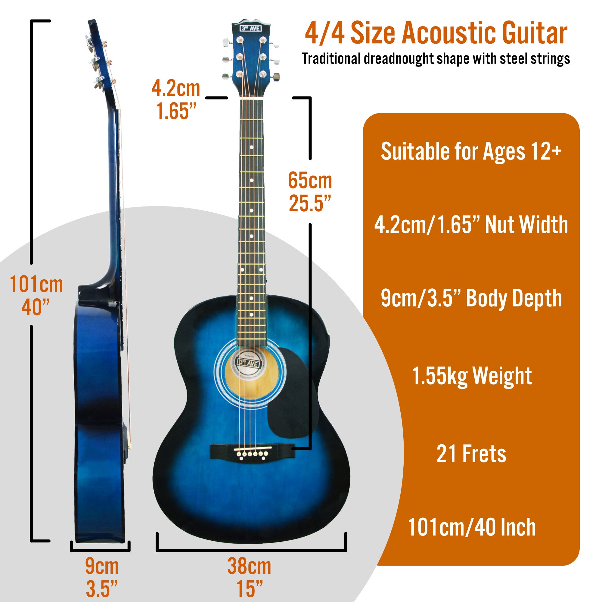 3rd Avenue Full Size Acoustic Guitar Pack Natural Acoustic Guitars#Colour_Blueburst