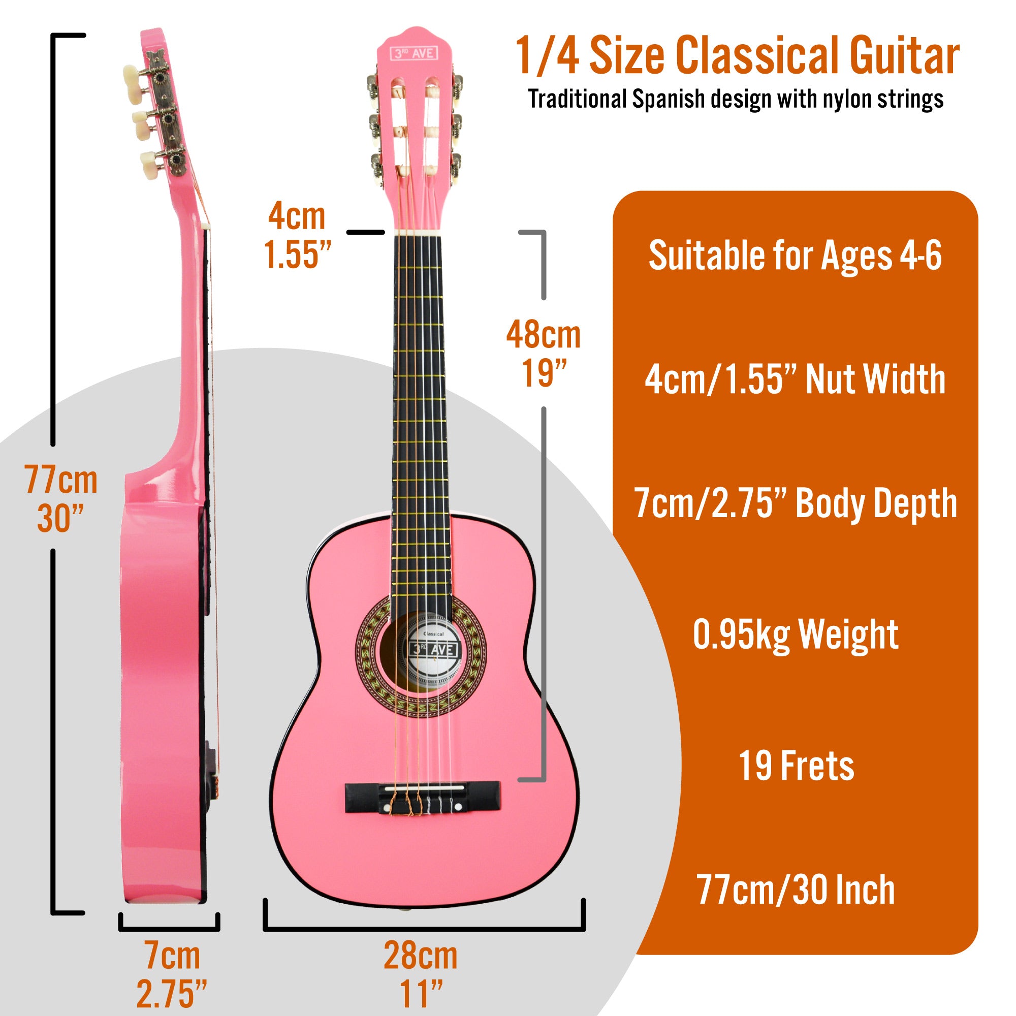 3rd Avenue 1/4 Size Classical Guitar Pack Pink Classical Guitars#Colour_Pink