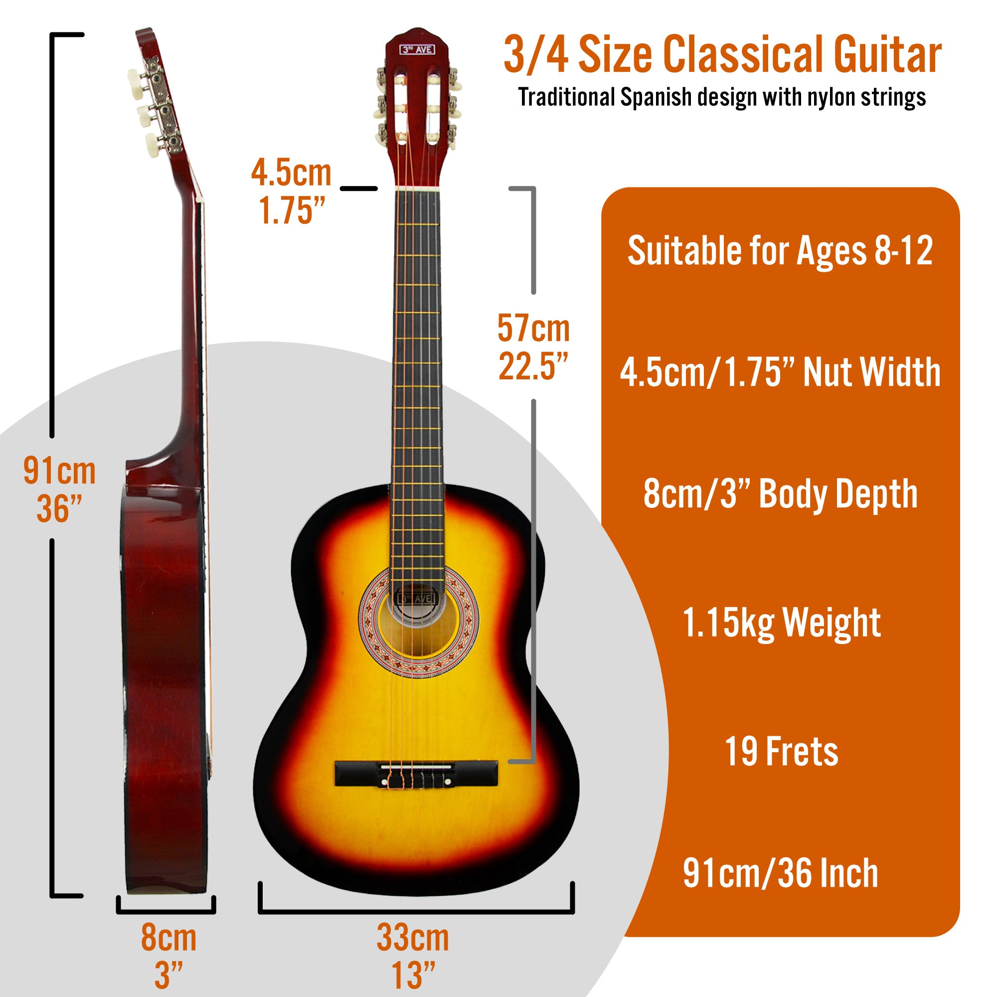 3rd Avenue 3/4 Size Classical Guitar Pack Sunburst Classical Guitars#Colour_Sunburst