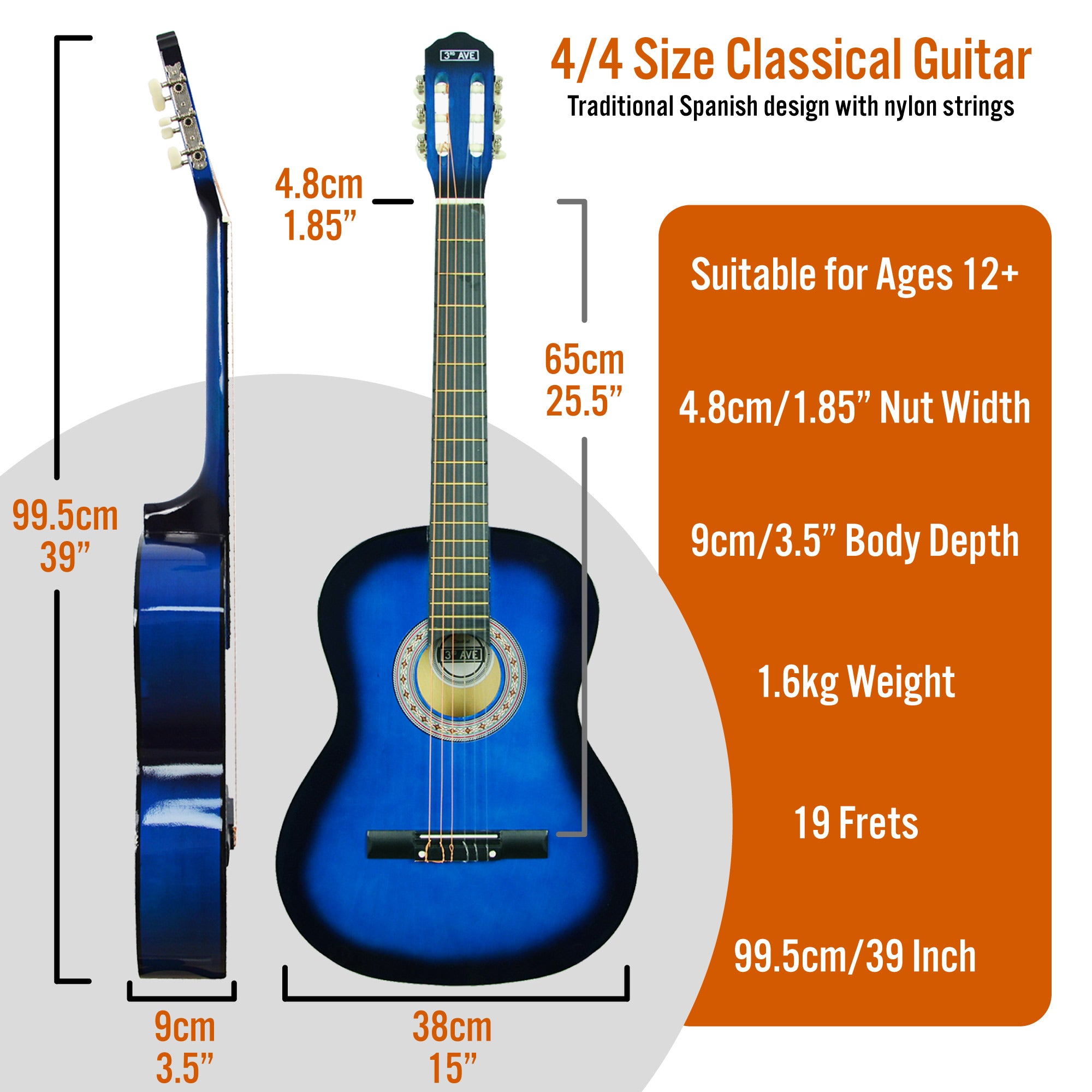 3rd Avenue Full Size Classical Guitar Pack Blueburst Classical Guitars#Colour_Blueburst