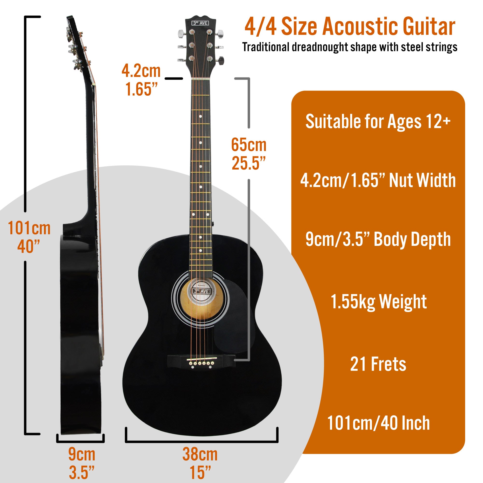 3rd Avenue Full Size Acoustic Guitar Premium Pack Black Acoustic Guitars#Colour_Black