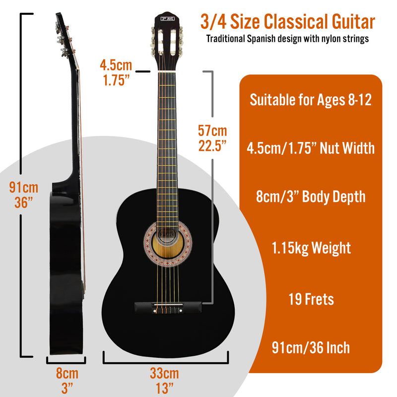 3rd Avenue 3/4 Size Classical Guitar Pack Black Classical Guitars