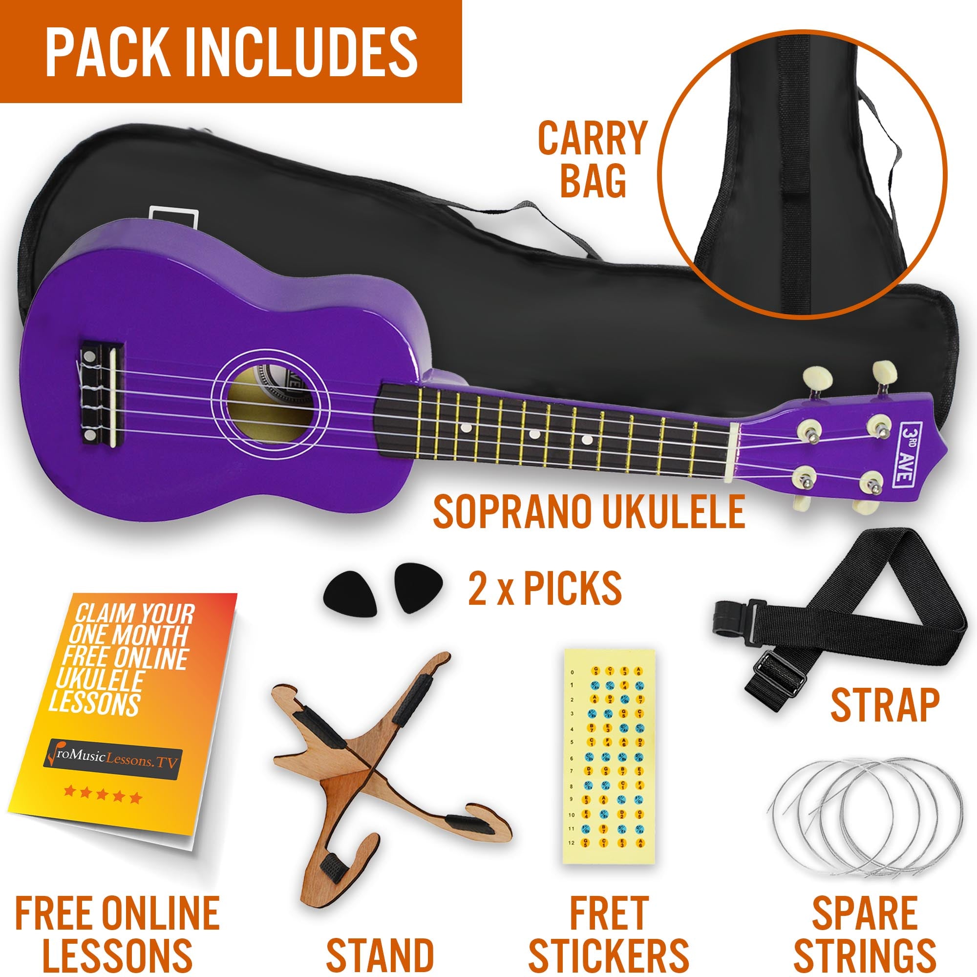 3rd Avenue Soprano Ukulele Pack Purple Ukuleles#Colour_Purple