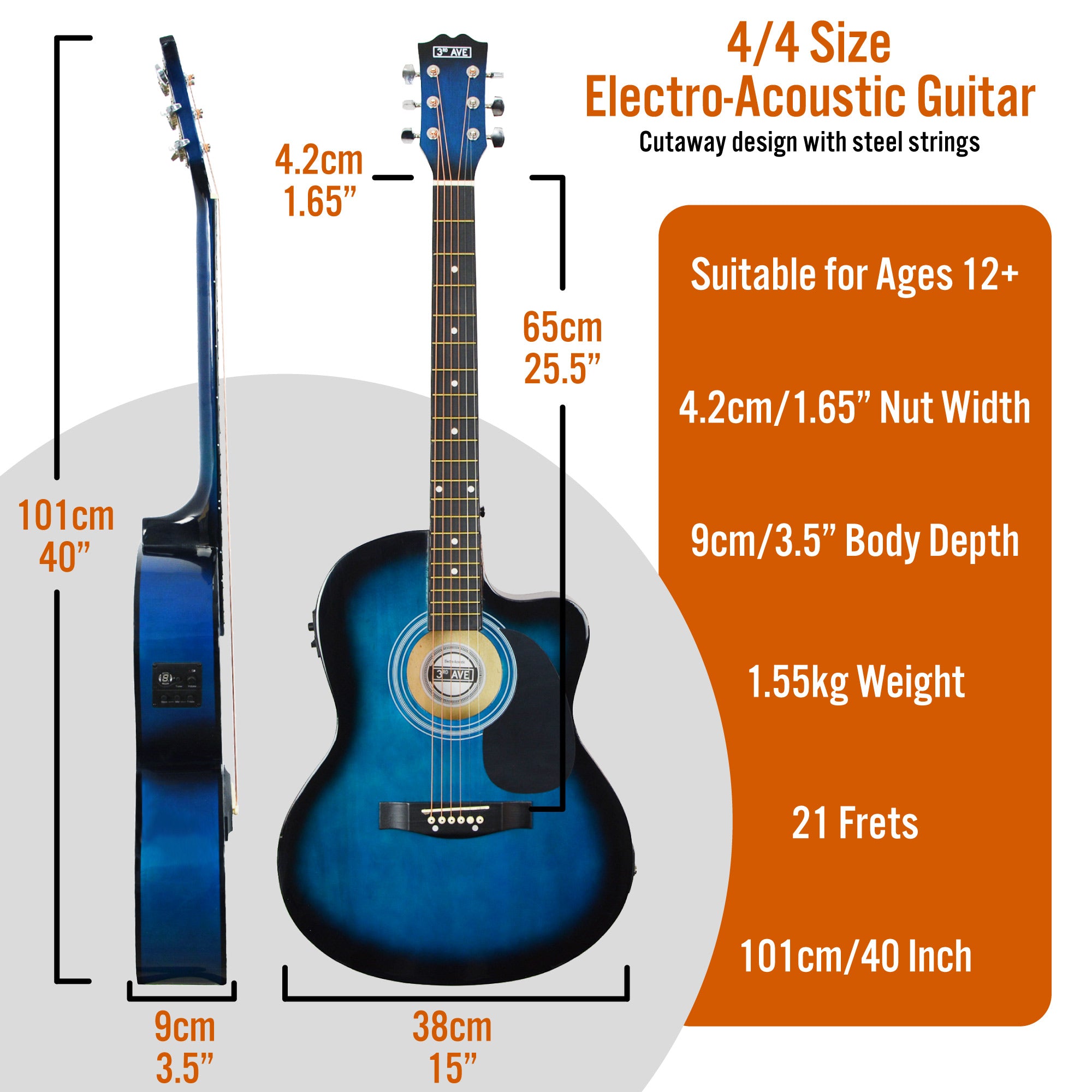 3rd Avenue Full Size Cutaway Electro Acoustic Guitar Pack Natural Acoustic Guitars#Colour_Blueburst
