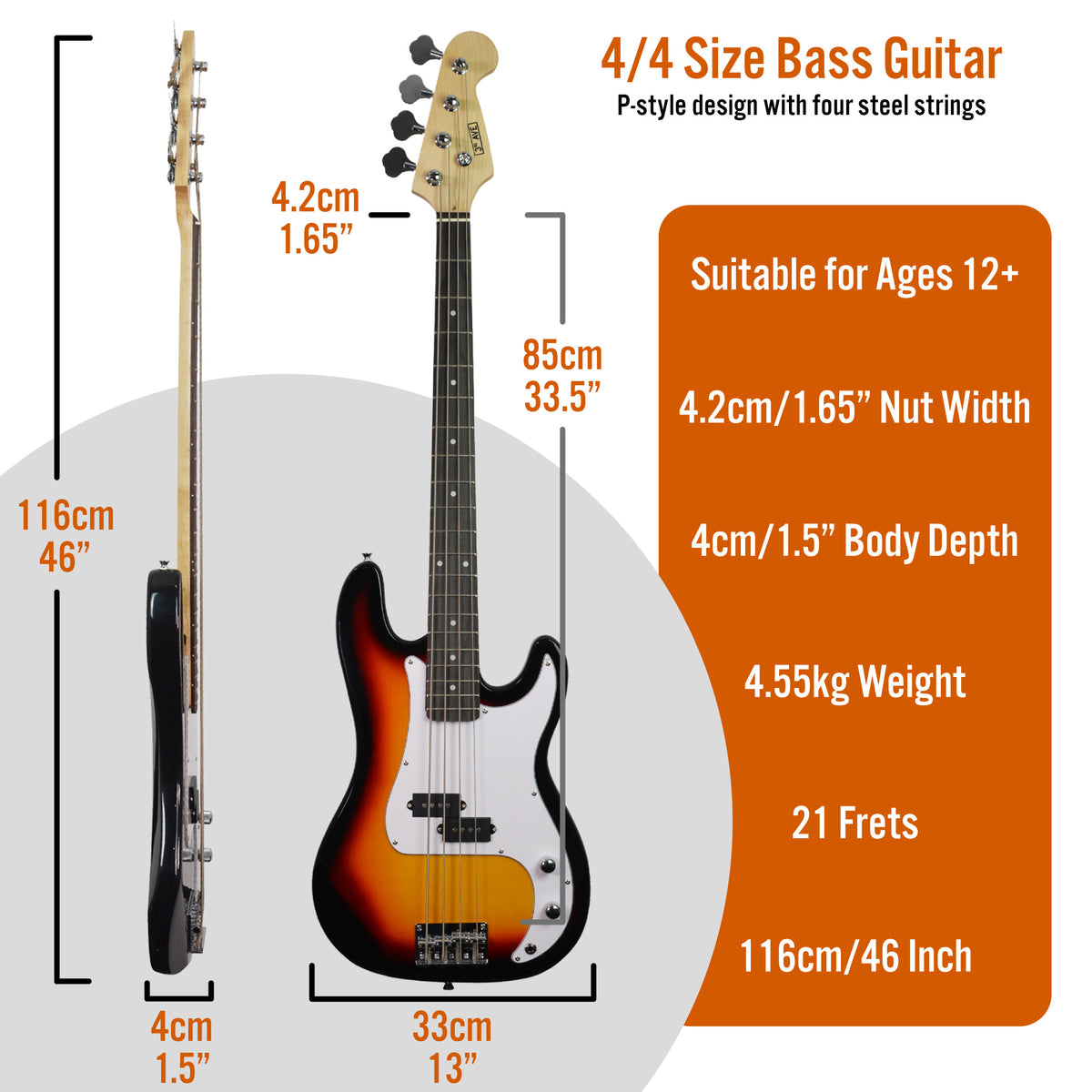 3rd Avenue Rocket Series Electric Bass Guitar Pack Bass Guitars#colour_Sunburst