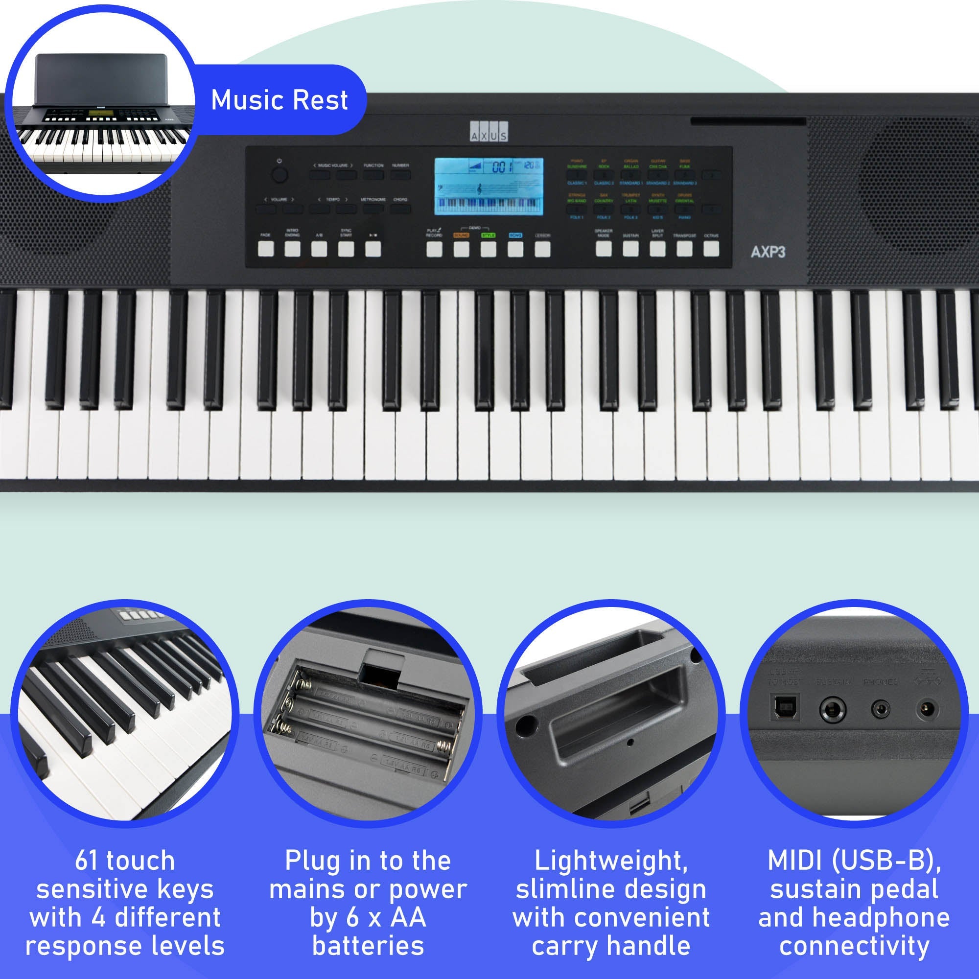 Axus AXP3 61 Note Slimline Portable Keyboard Package