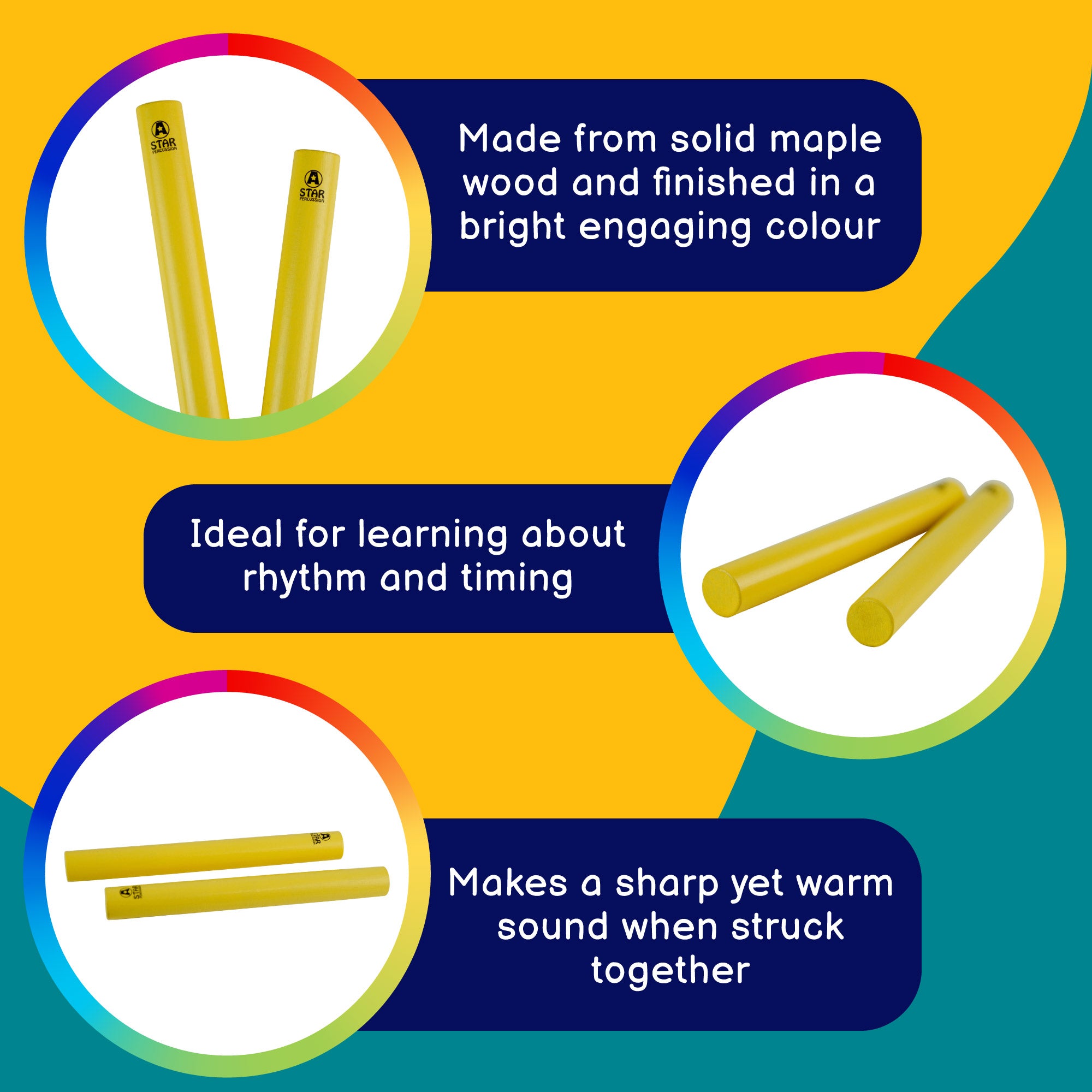 A-Star Coloured Claves - 10 Pairs Claves, Castanets and Woodblocks#Colour_Yellow