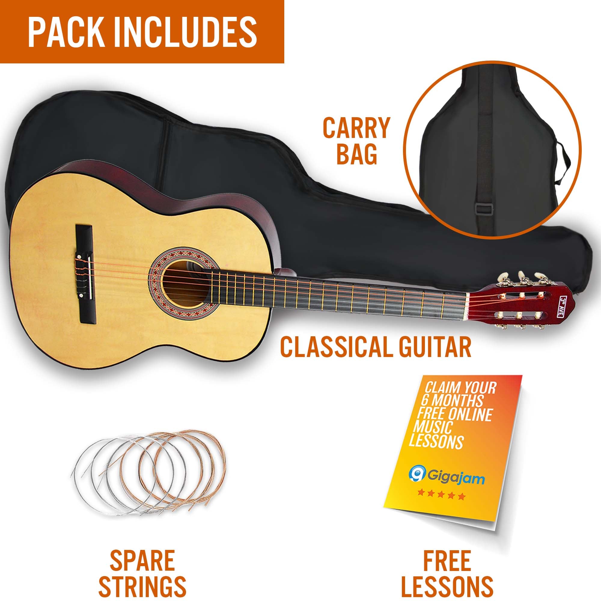 3rd Avenue Full Size Classical Guitar Pack Natural Classical Guitars#Colour_Natural