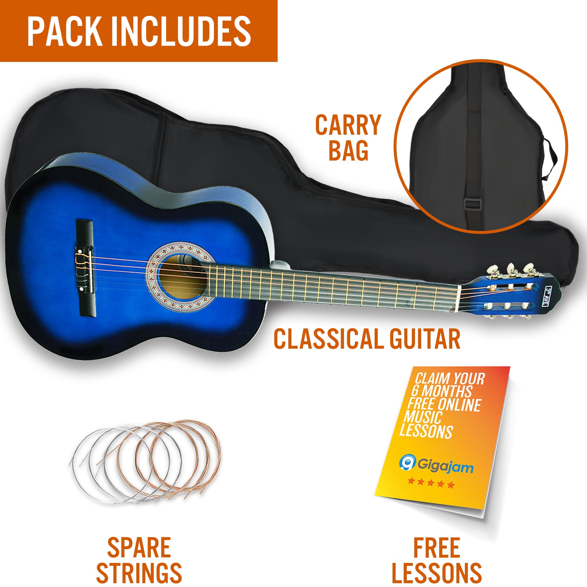 3rd Avenue Full Size Classical Guitar Pack Blueburst Classical Guitars#Colour_Blueburst