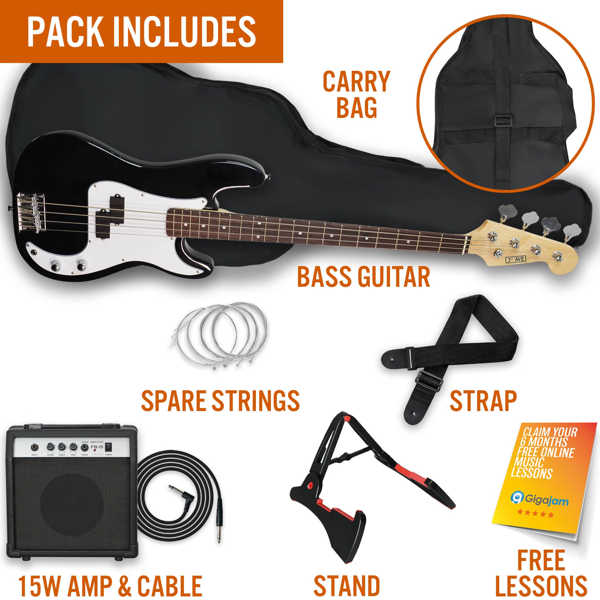 3rd Avenue Rocket Series Electric Bass Guitar Pack Bass Guitars#colour_Black