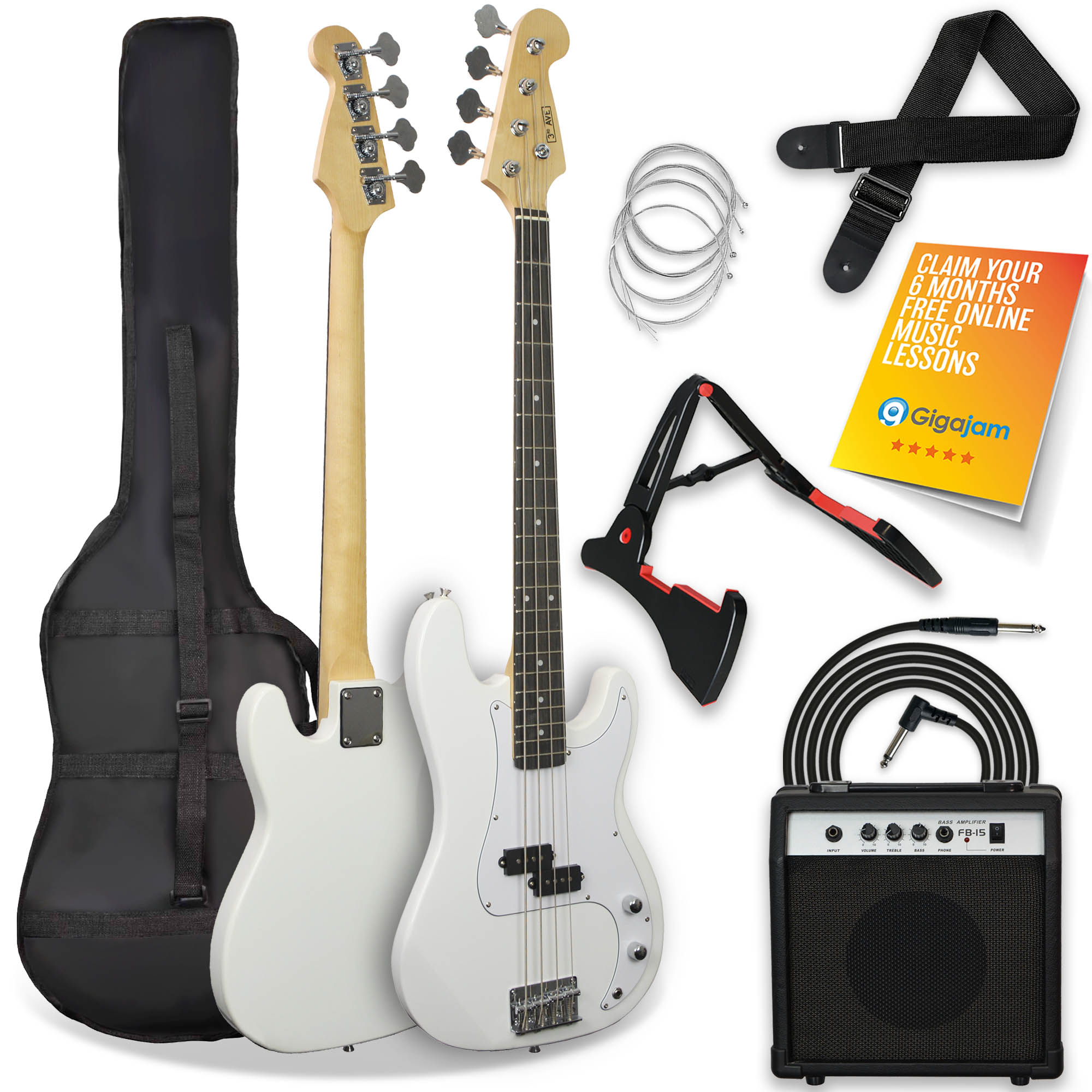 3rd Avenue Rocket Series Electric Bass Guitar Pack Bass Guitars#colour_White
