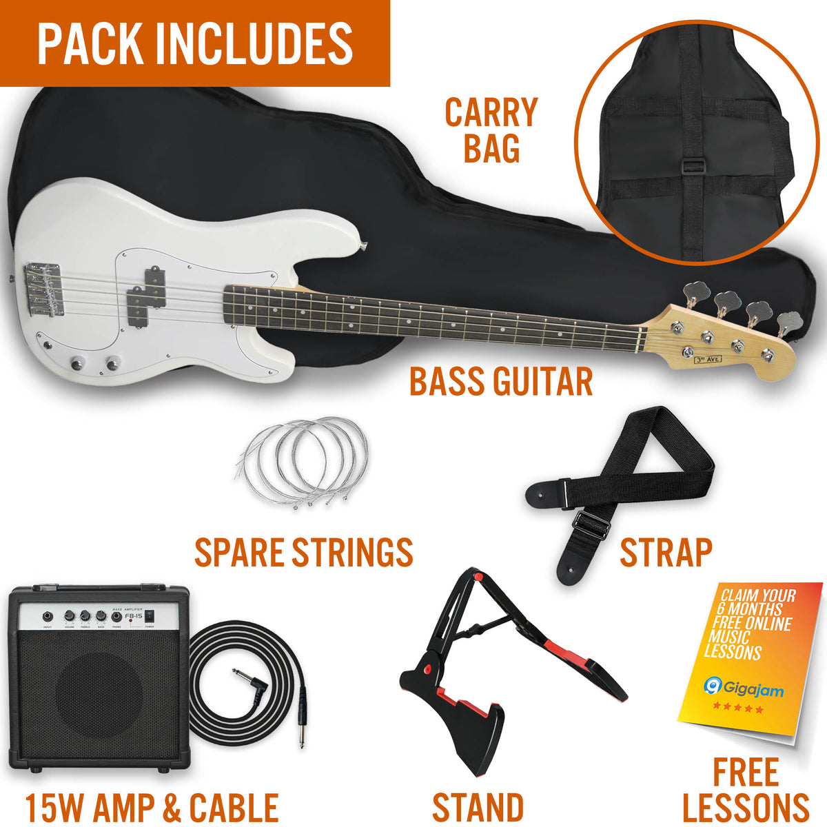 3rd Avenue Rocket Series Electric Bass Guitar Pack Bass Guitars#colour_White